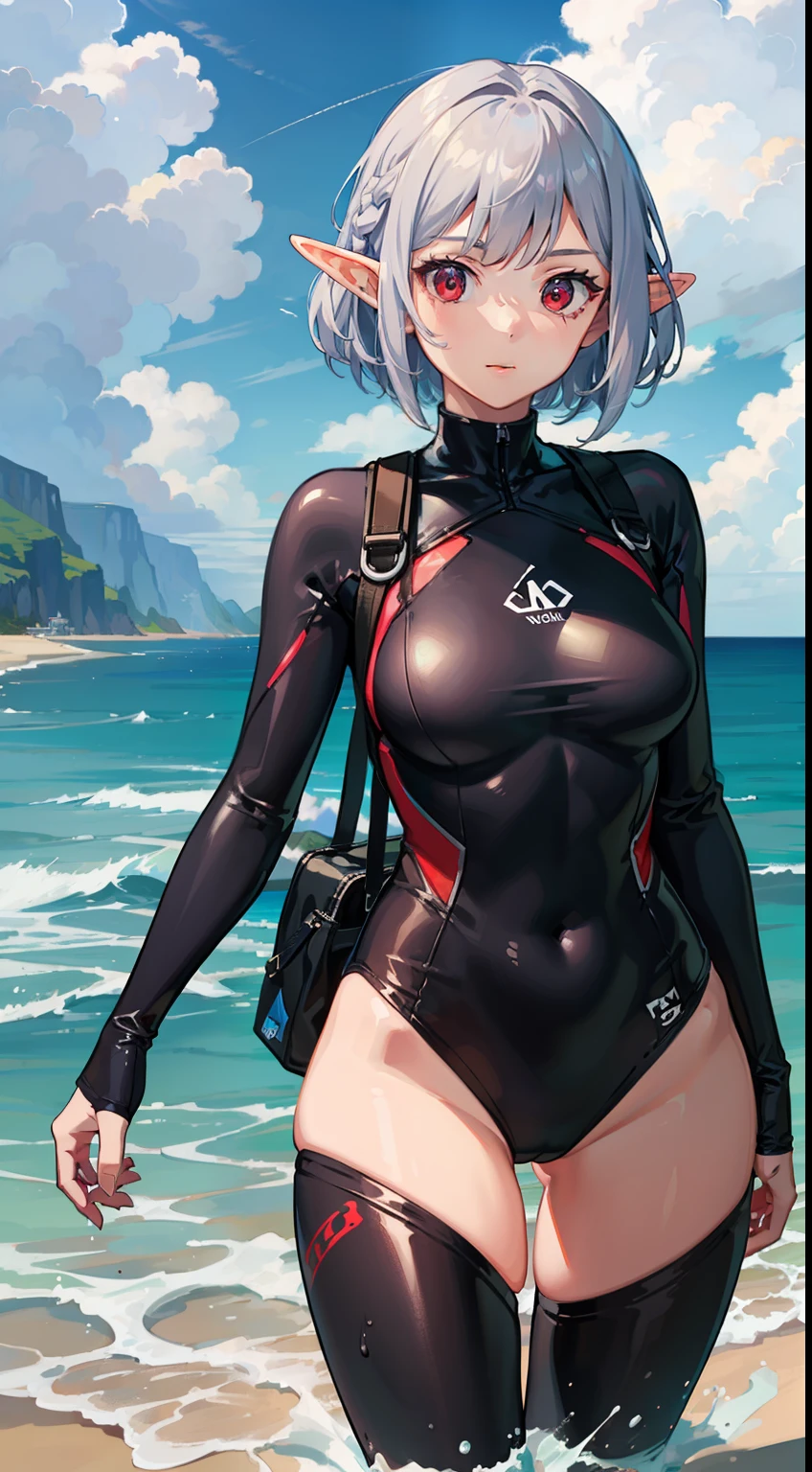 1 Girl, Elf, Silver Hair, Red Eyes, Braid Hair, Bob Cut, Diving Suit, Wetsuit, Coast, Beach, Concept Art, Beautiful Anime Scene, Beautiful Anime Scenery, Best Quality, Masterpiece, 4K