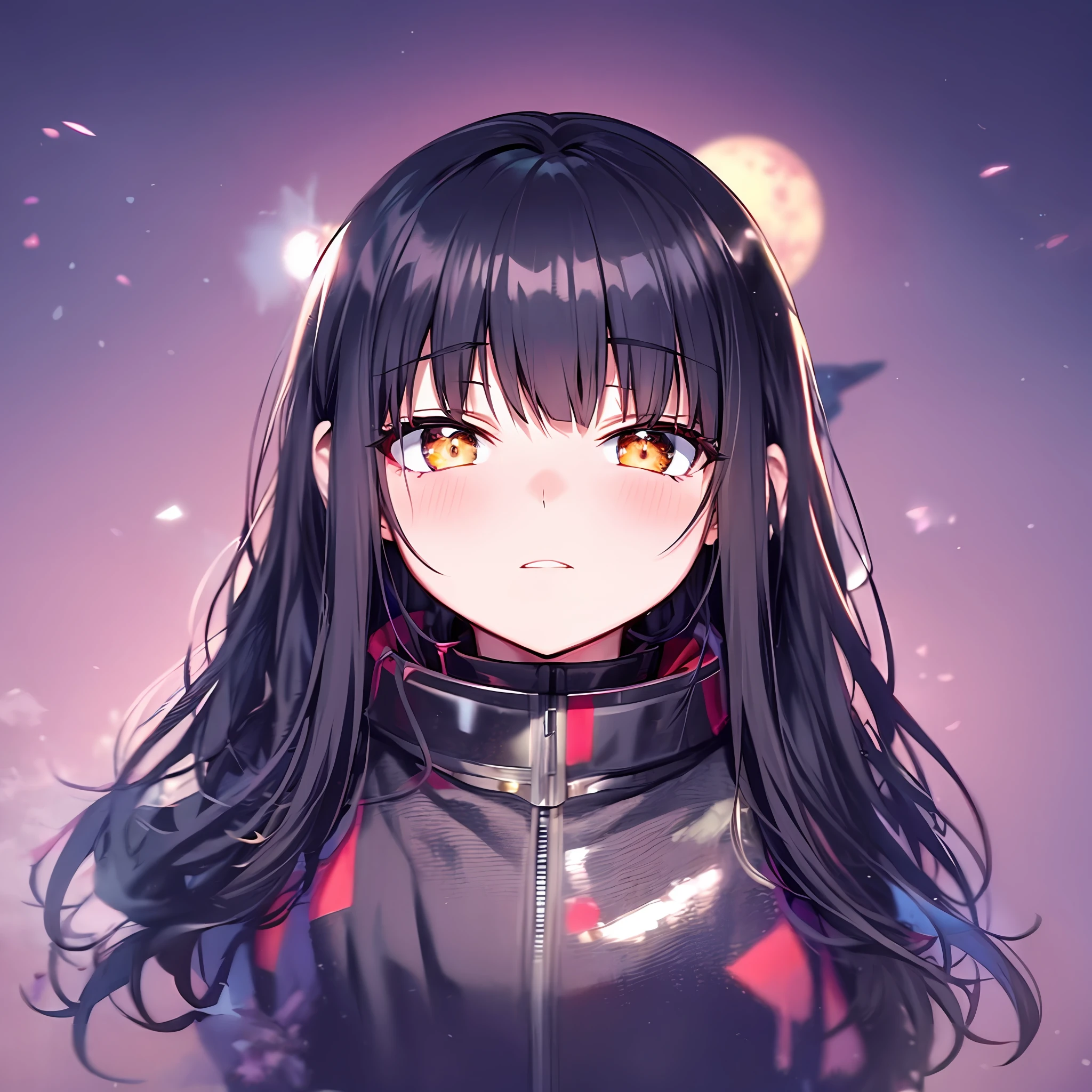 "Black hair, space backdrop, big moon"