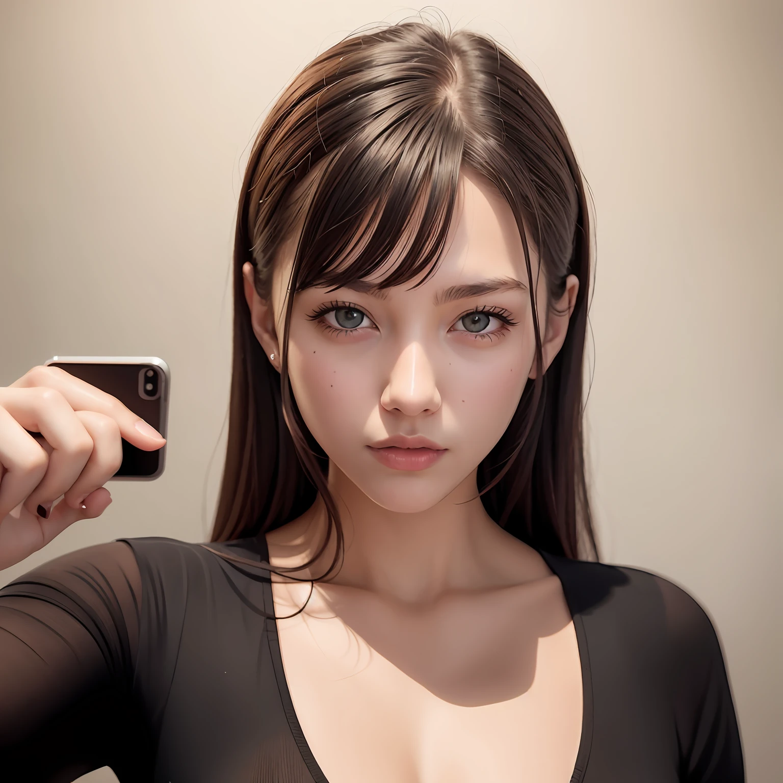 8K, Best Quality, Masterpiece, Ultra High Resolution, (Realism: 1.4), Original Photo, (Realistic Skin Texture: 1.3), (Film Grain: 1.3), (Selfie Angle), 1 Girl, Beautiful Eyes and Face Details, Masterpiece, Best Quality, Close-up, Upper Body, Looking at the Viewer