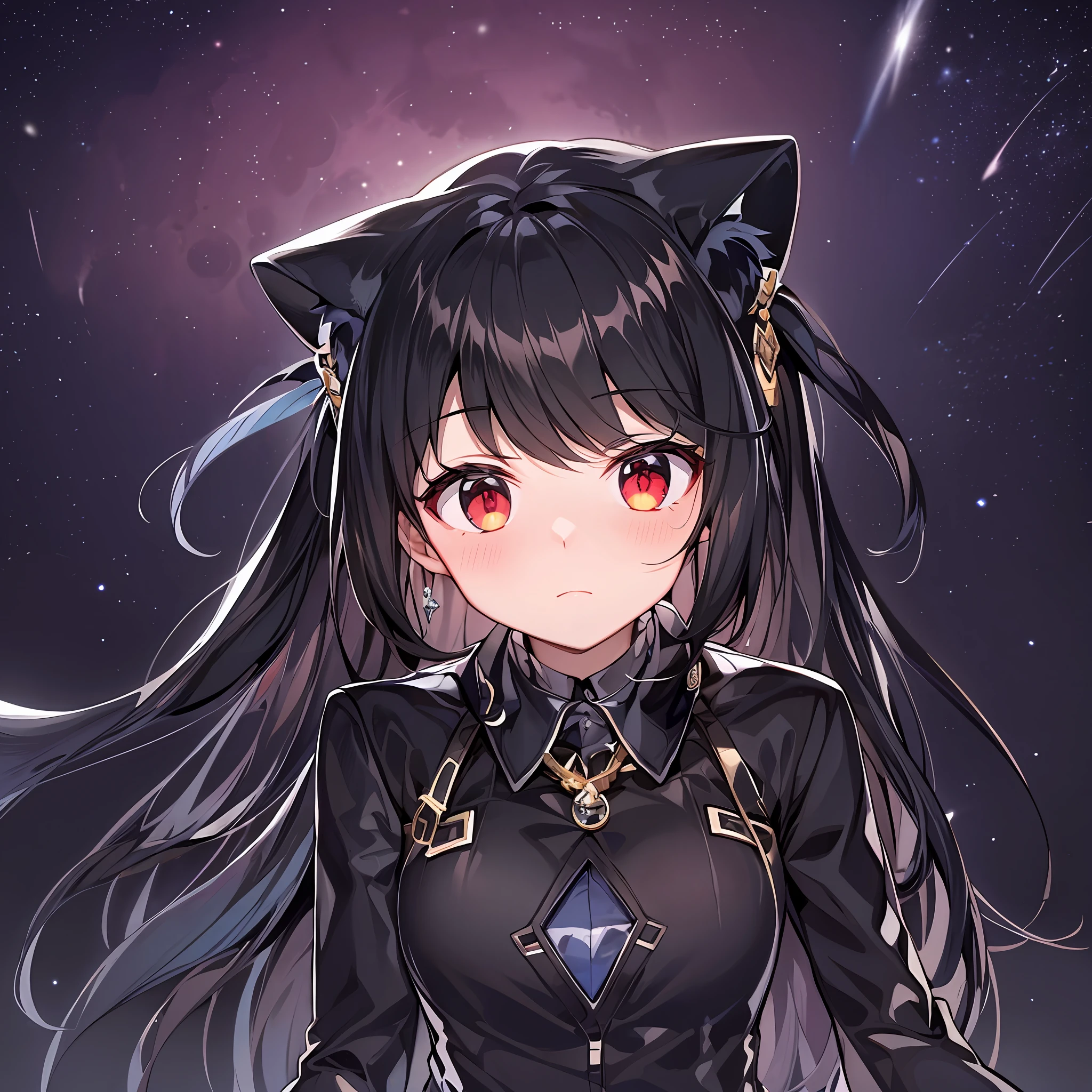 Black Hair, Space Backdrop, Big Moon, Red Eyes, School Uniform