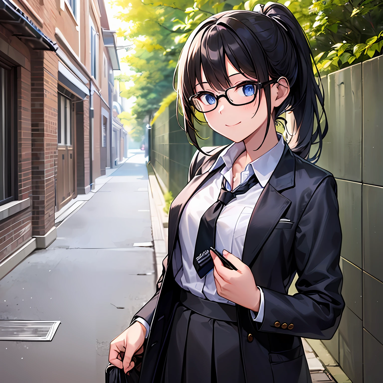 ((masterpiece, top quality, detailed)), super detailed, detailed hair (black hair long, ponytail), natural light, outdoor, simple background, sharp focus, 1 girl, 18 years old, school uniform, blazer, black skirt, tie, shiny black pantyhose, small breasts (petanko), standing (facing forward), full body, black-rimmed glasses, black eyes, smile, (perfect eyes: 1.1)