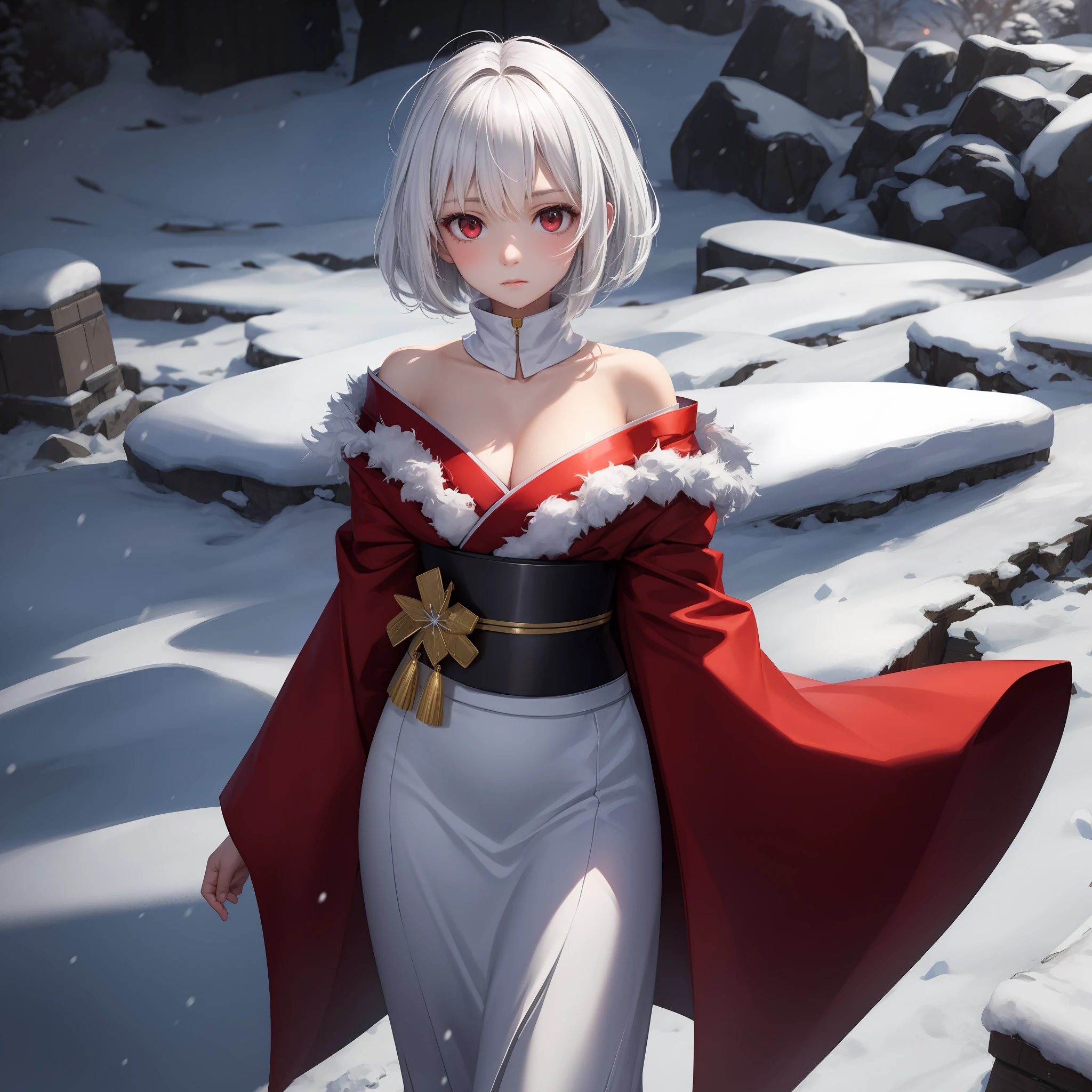 white hair, red eyes, girl, alone, solo, 1girl, short hair, snow woman, white kimono, off shoulder, snowy mountain, blizzard,