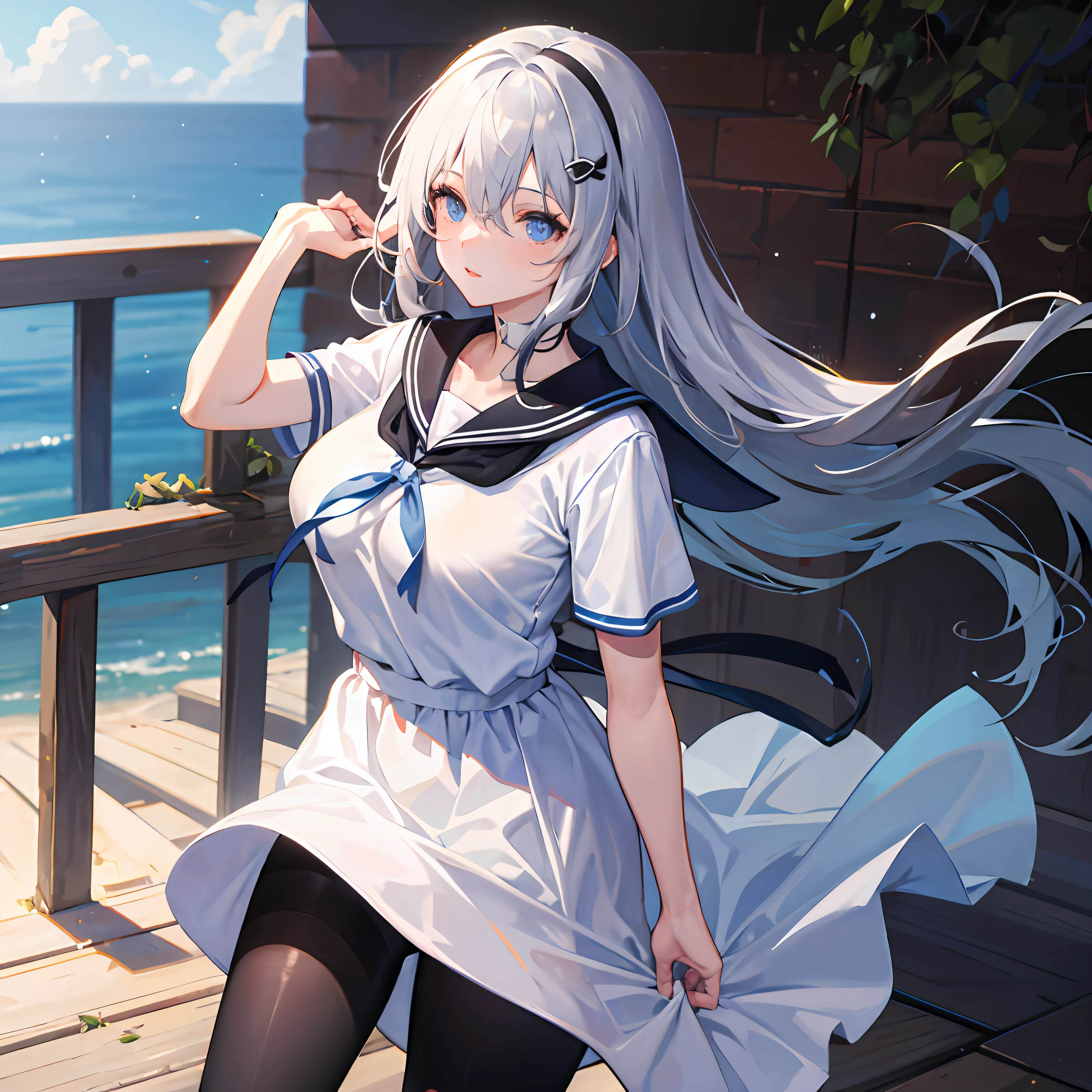 masterpiece, best quality, highres, kei1, 1girl, solo, blue eyes, long hair, white dress, short sleeves, ribbon, bangs, collarbone, gray hair, white skirt, adult appearance, hair ornament, black hair band, black pantyhose, neck ribbon, hair between eyes, large breasts, sailor collar, back, outdoors, (wind: 1.4), panties: 1.3)