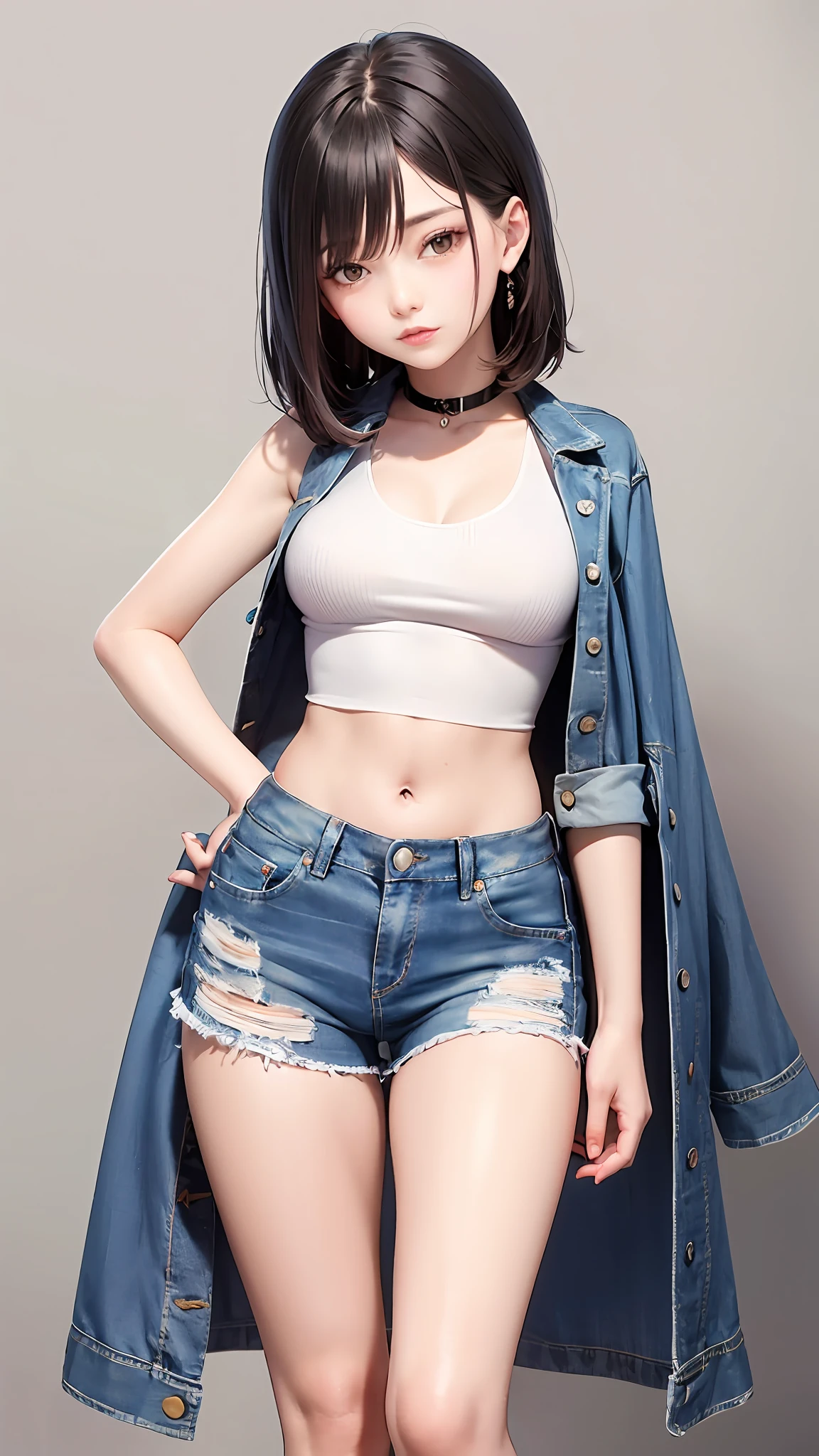 arafed woman in a blue top and denim shorts posing for a picture, with ripped crop t - shirt, korean women's fashion model, photo of slim girl model, short jeans, open v chest clothes, denim short pants, skinny waist and thick hips, with a thin waist, wearing a sexy cropped top, denim hot-pants, crop top