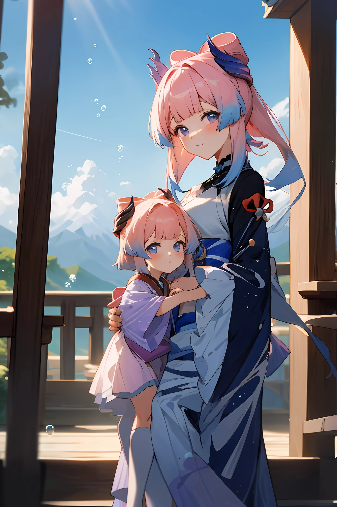 anime image of two women dressed in traditional japanese clothing in japanese village, palace a girl in hanfu, wlop and sakimichan, blue pink haired deity, characters from azur lane, anime fantasy illustration, from the azur lane videogame, genshin, artwork in the style of guweiz, kokomi detailed art, two beautiful anime girls, blue pink hair, mother and child, blue sky, short hair, sky, temple, looking at viewer, stairs, mountain, moody lighting, facing viewer, corals, fish, bubbles