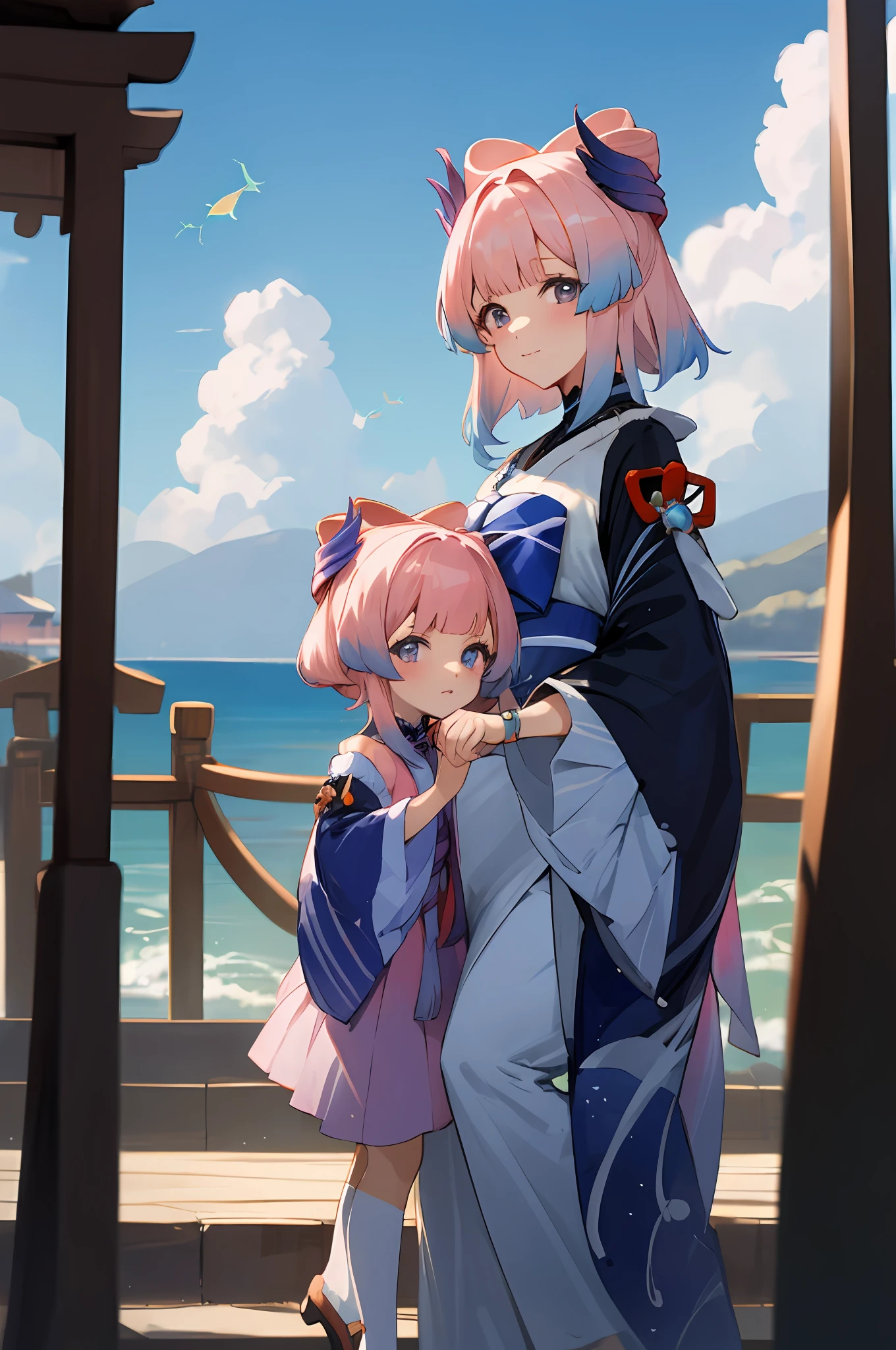 anime image of two women dressed in traditional japanese clothing in japanese village, palace  a girl in hanfu, wlop and sakimichan, blue pink haired deity, characters from azur lane, anime fantasy illustration, from the azur lane videogame, genshin, artwork in the style of guweiz, kokomi detailed art, two beautiful anime girls, blue pink hair, mother and child, blue sky, short hair, sky, temple, looking at viewer, stairs, ocean, moody lighting, facing viewer, corals, fish, bubbles