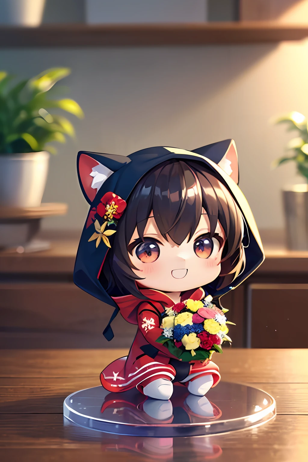 (Chibi: 1.3), happy, (holding a bouquet), full body, (Kigurumi), indoors, on the table, (Nendoroid),