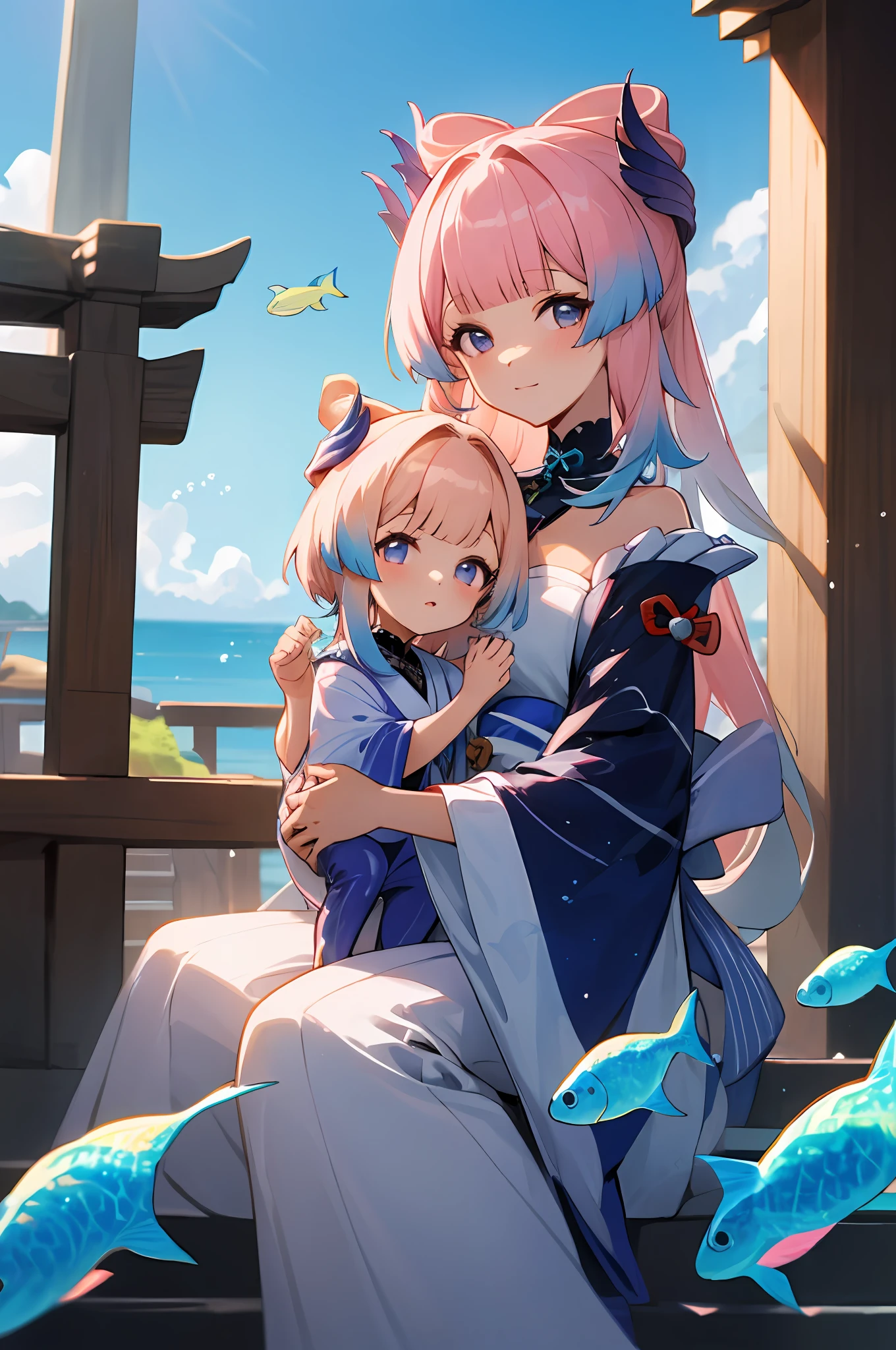 anime image of two women dressed in traditional japanese clothing in japanese village, palace a girl in hanfu, wlop and sakimichan, blue pink haired deity, characters from azur lane, anime fantasy illustration, from the azur lane videogame, genshin, artwork in the style of guweiz, kokomi detailed art, two beautiful anime girls, blue pink hair, mother and child, blue sky, short hair, sky, temple, looking at viewer, stairs, ocean, moody lighting, facing viewer, corals, fish, bubbles