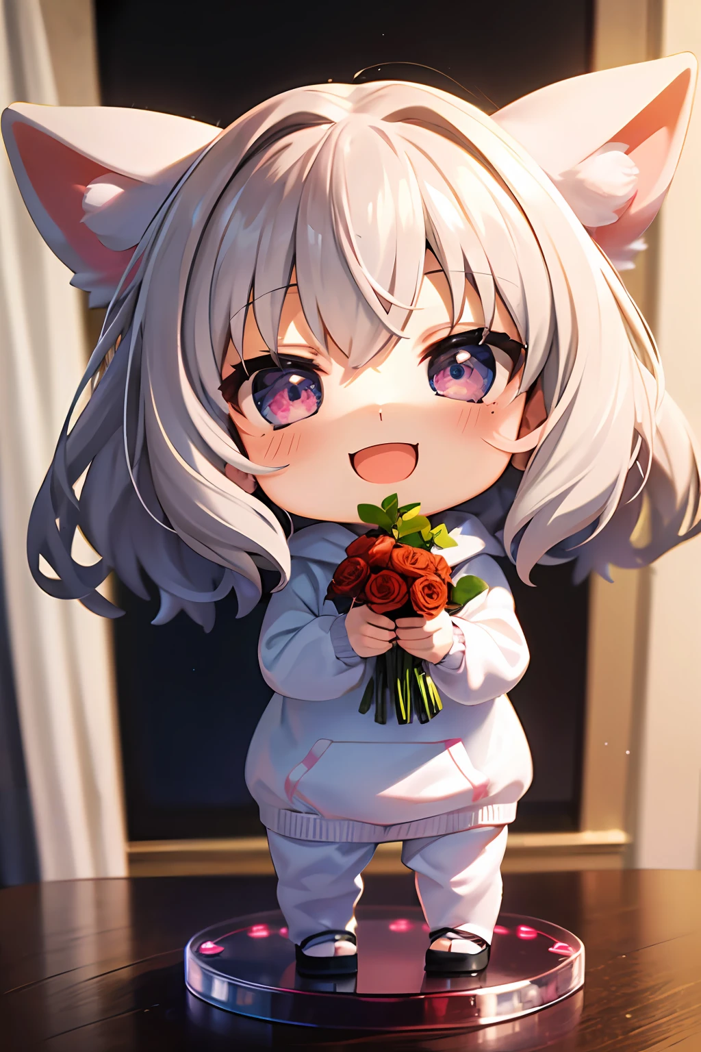 (Chibi: 1.3), happy, (holding a bouquet), full body, (Kigurumi), indoors, on the table, (Nendoroid),