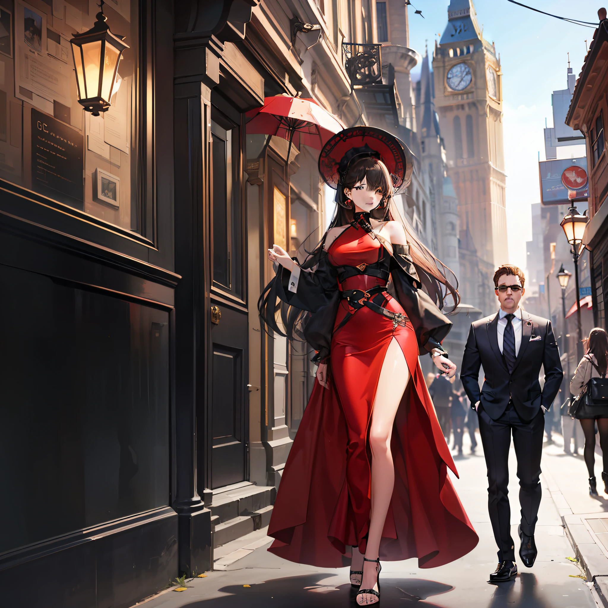 (A gorgeously dressed young woman with a bodyguard standing behind her 1.4)