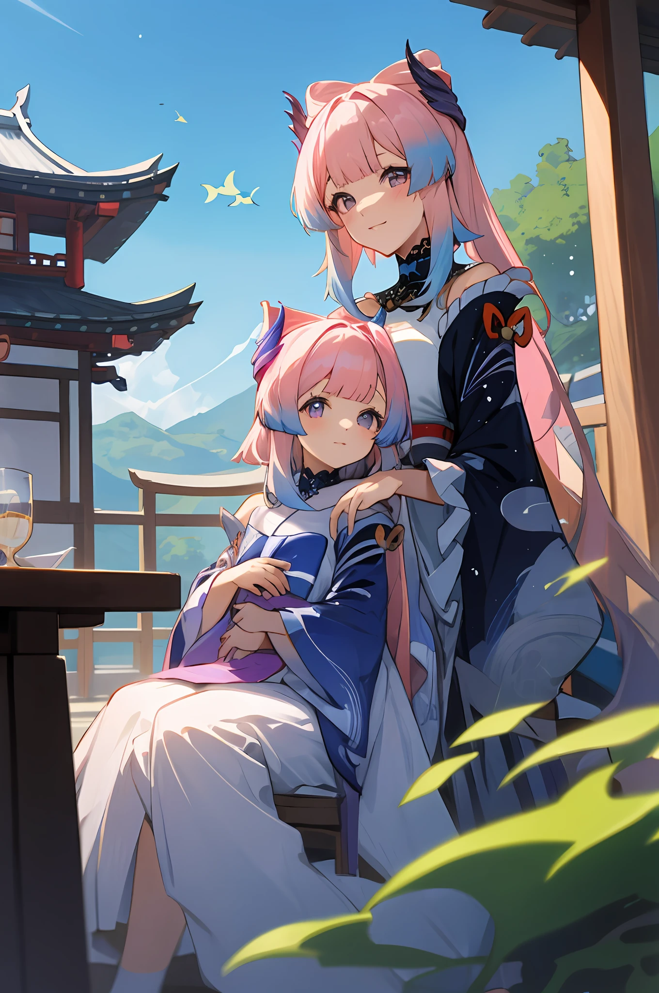 anime image of two women dressed in traditional japanese clothing in japanese village, palace  a girl in hanfu, wlop and sakimichan, blue pink haired deity, characters from azur lane, anime fantasy illustration, from the azur lane videogame, genshin, artwork in the style of guweiz, kokomi detailed art, two beautiful anime girls, blue pink hair, mother and child, sitting on the tatami with cushions, blue sky, short hair, sky, temple, looking at viewer, stairs, ocean, moody lighting, facing viewer, corals, fish, bubbles