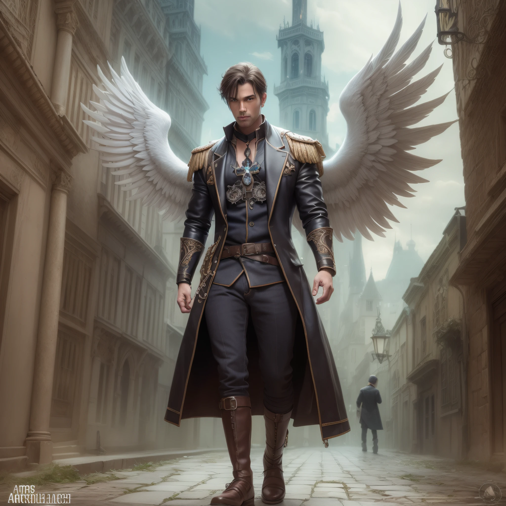 Handsome man with angel wings standing in a Gothic city. Highly detailed. digital painting, artstation, concept art, soft focus, sharp, illustration
