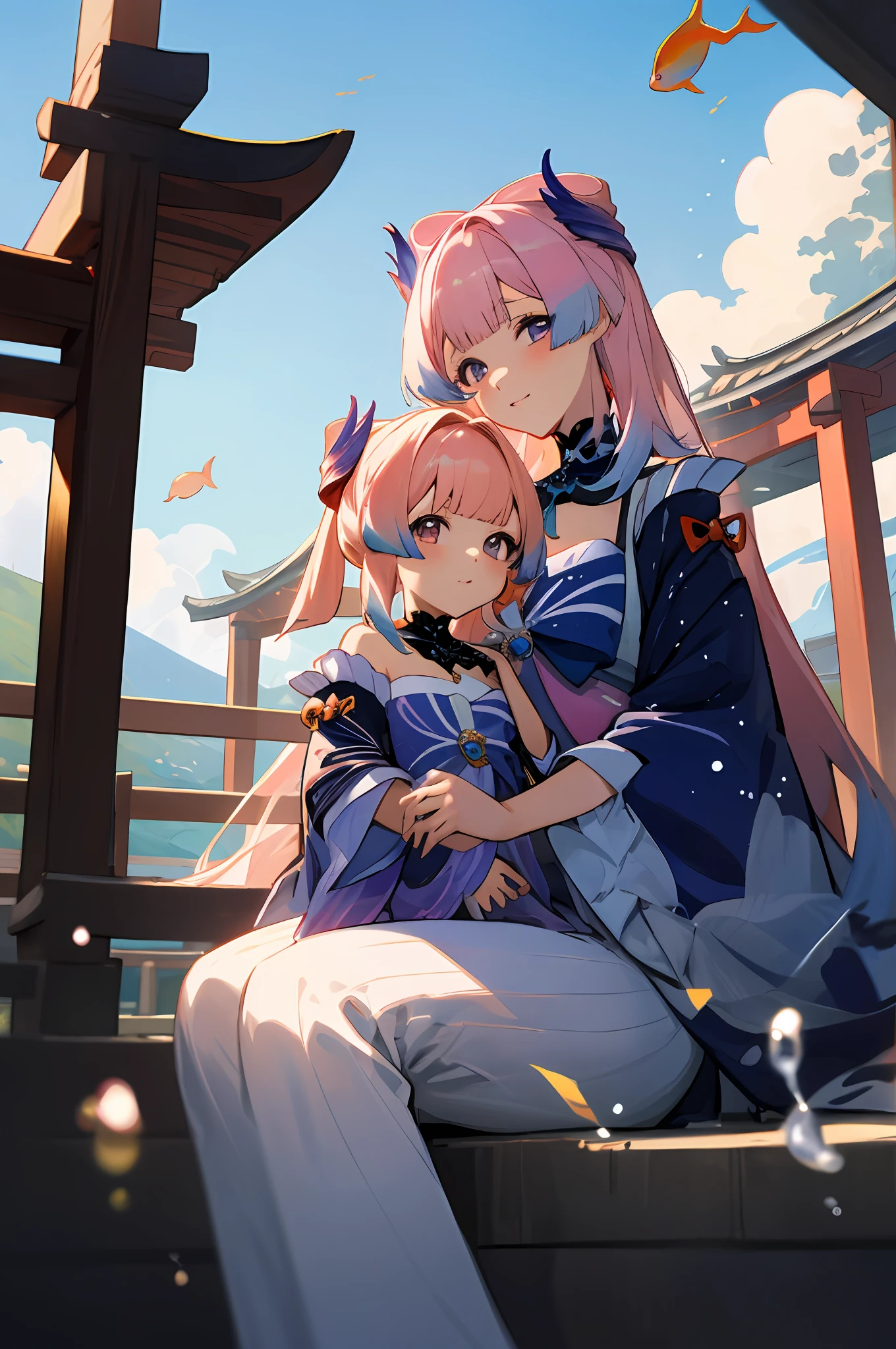 anime image of two women dressed in traditional japanese clothing in japanese village, palace  a girl in hanfu, wlop and sakimichan, blue pink haired deity, characters from azur lane, anime fantasy illustration, from the azur lane videogame, genshin, artwork in the style of guweiz, kokomi detailed art, two beautiful anime girls, blue pink hair, mother and , sitting on the tatami with cushions, blue sky, short hair, sky, temple, looking at viewer, stairs, ocean, moody lighting, facing viewer, corals, fish, bubbles