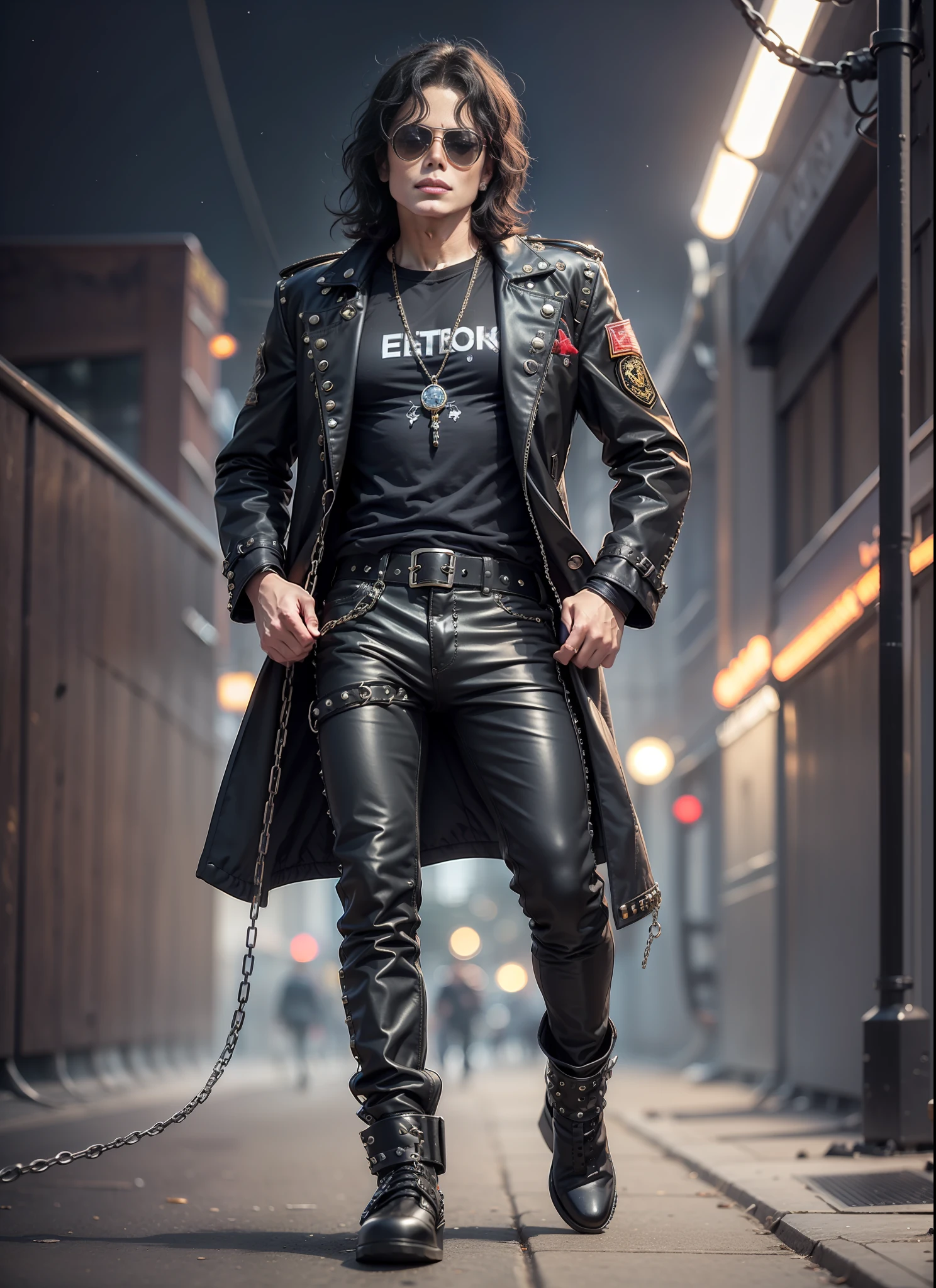 Michael jackson, sunglasses, black pants with rivets, 1 black belt, long coat, long t-shirt, rivets, holster, rivets, chains, just one body, front view, night, explosions behind, plays electric guitar