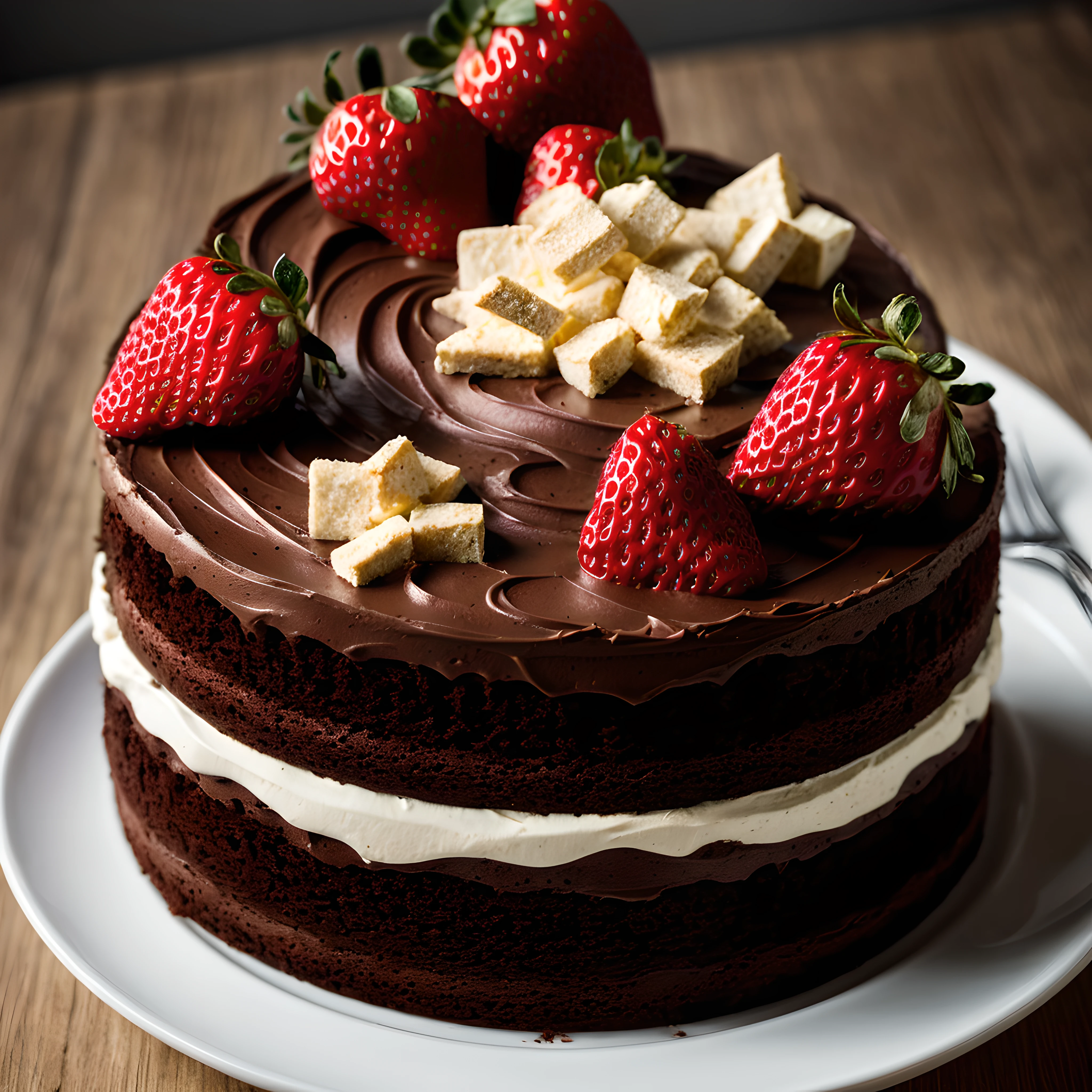 (high quality masterpiece:1.5), layered chocolate cake slice, (strawberries on top, white marenque pieces), view from the side, photorealistic, high details, intricate, sharp focus, 8K, HD, Full-HD, Ultra-HD, Super-Resolution, Megapixel, subsurface scattering, edge lighting, rim light, rim lighting, best lighting, refreshing, lumen Reflections, screen space reflections, Post Processing, Post-Production, TXAA, De-Noise, shaders