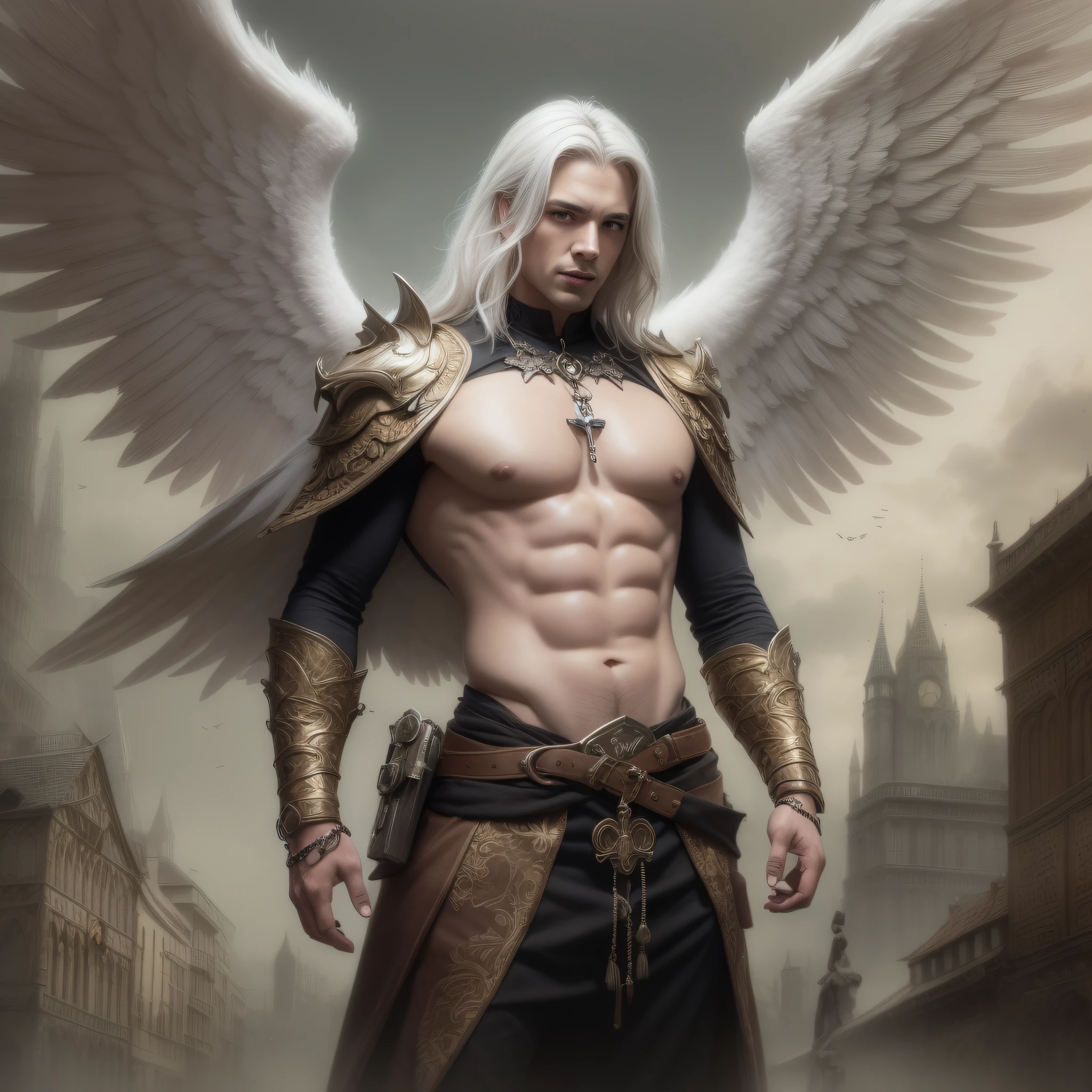 Handsome man with angel wings standing in a Gothic city. Highly detailed. digital painting, artstation, concept art, soft focus, sharp, illustration