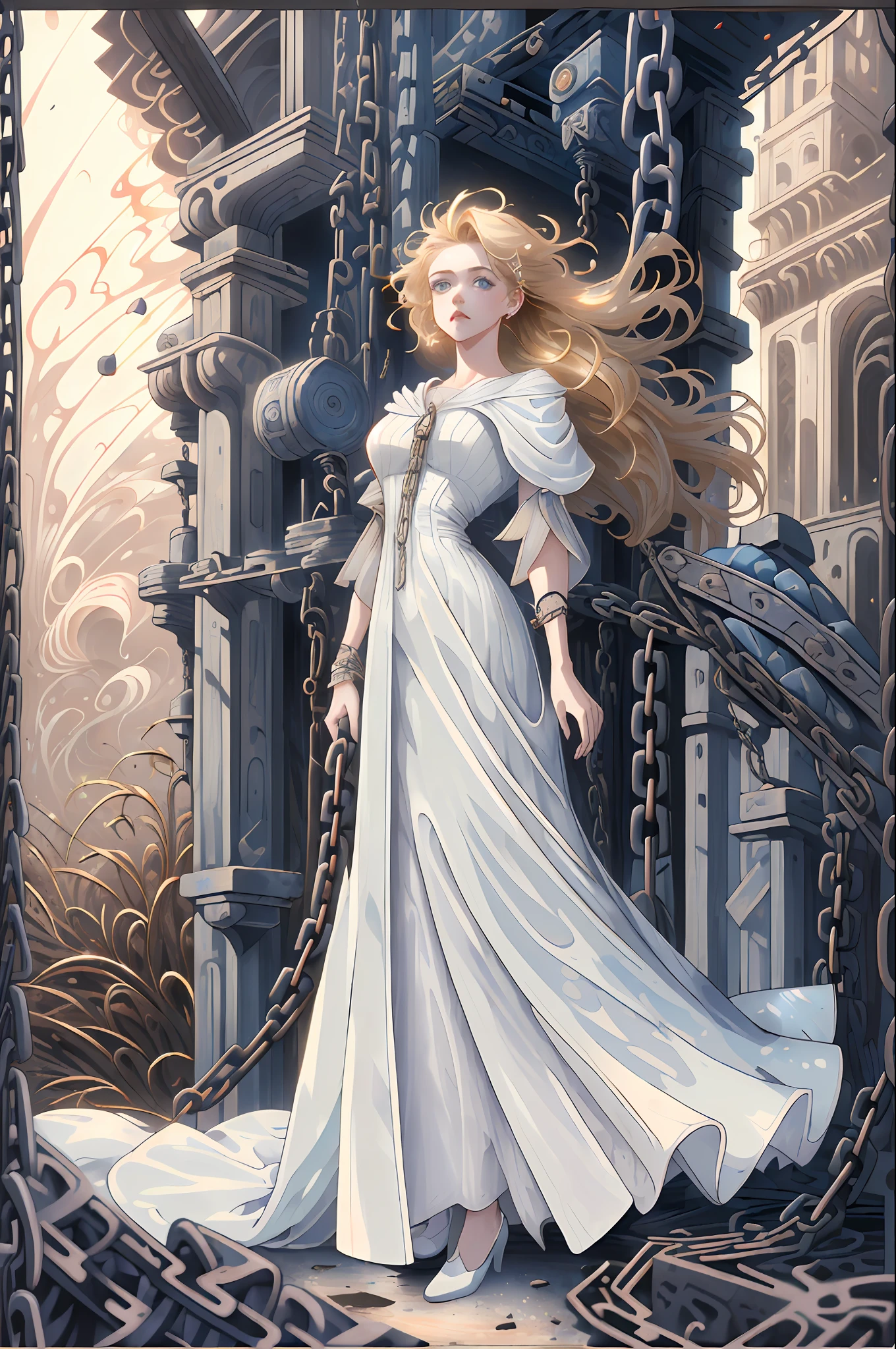 kLabyrinth,(too many chain:1.3), bondage,1girl,solo,pretty face,full body,(1girl, looking at viewer:1.4),(beautiful face, looking away, skinny, thin, medium breasts:1.2), waivy hair, messy hair, (windy hair:1.3),,glowing eyes, (blonde hair:1.1), (long hair:1.2), (blue eyes), (white dress, long dress, victorian dress:1.3)