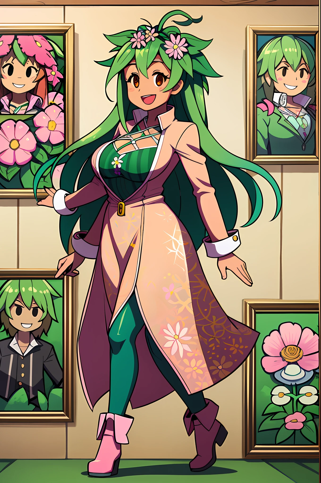 Kanna Blaster Master, floral fauna, female, fully clothed), toon, huge chest, smile, green hair, long dress, whole body, smile, open mouth, long hair, portrait, walking