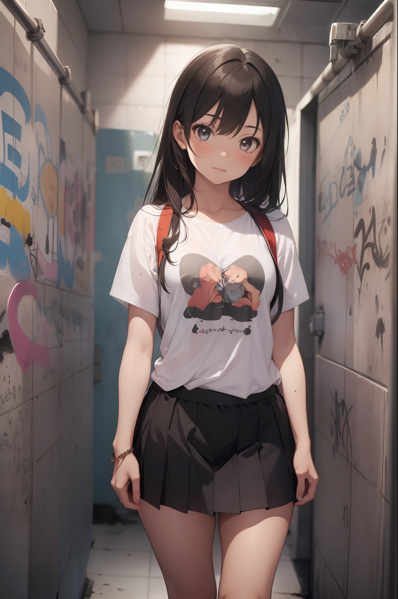 1girl, standing, restroom, urinal, dark, trash, graffiti, dirty, cracked wall, cracked floor, cowboy shot, miniskirt,, masterpiece, best quality, highly detailed