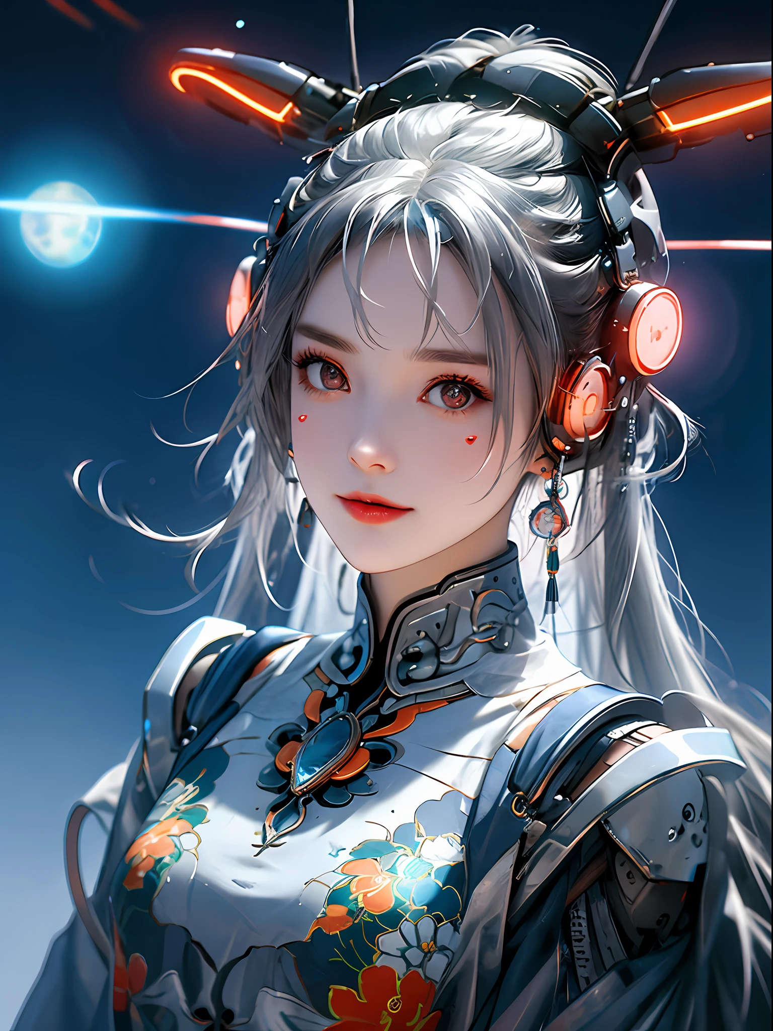 1 girl, Chinese_clothes, liquid silver and orange, cyberhan, cheongsam, cyberpunk city, dynamic pose, detailed luminous headphones, glowing hair accessories, long hair, glowing earrings, glowing necklace, cyberpunk, high-tech city, full of mechanical and futuristic elements, futuristic, technology, glowing neon, orange, orange light, transparent tulle, transparent streamers, laser, digital background urban sky, big moon, with vehicles, best quality, masterpiece, 8K, character edge light, Super high detail, high quality, the most beautiful woman in human beings, micro smile, face facing front and left and right symmetry, ear decoration, beautiful pupils, light effects, visual data, silver white hair, super detail facial texture