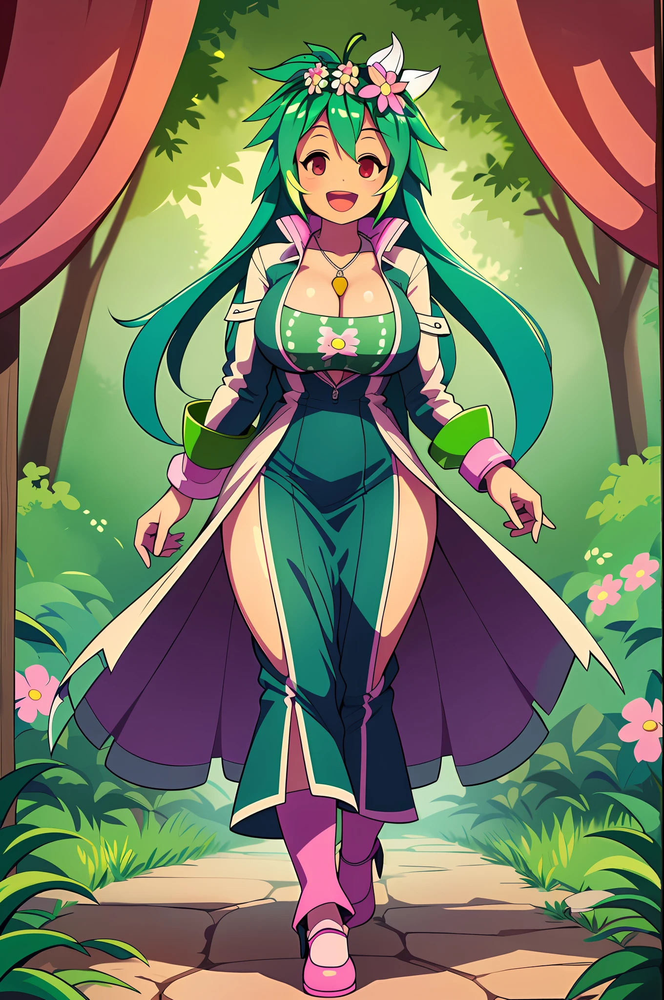 Kanna Blaster Master, floral fauna, female, fully clothed), toon, huge chest, smile, green hair, long dress, whole body, smile, open mouth, long hair, portrait, walking