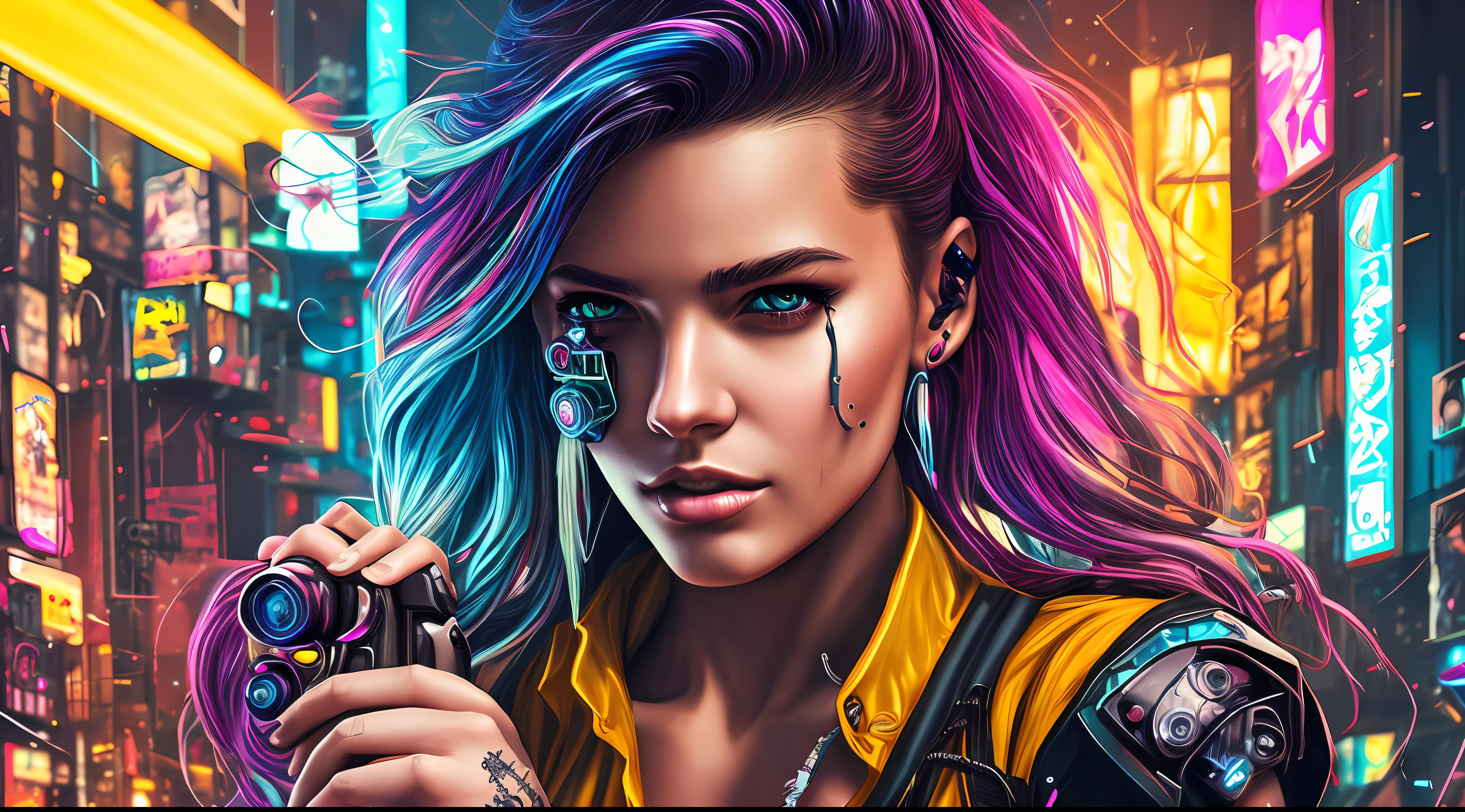 photograph of a woman with colorful hair and piercings in a yellow shirt, cyberpunk vibrant colors, cyberpunk colors, cyberpunk art style, cyberpunk art, cyberpunk style color, cyberpunk theme art, vibrant fan art, cyberpunk girl portrait, dreamy colorful cyberpunk colors, cyberpunk girl, cyberpunk digital painting, cyberpunk woman, cyberpunk look, 1 girl, cyberpunk digital soloart, colorful digital fantasy art, cyberpunk beautiful girl, perfect anatomy, hands with 4 fingers and 1 thumb, rendered in 8K resolution for high quality details, 8K image quality, 8K high resolution image, hyper detailed, super realistic, intricate details