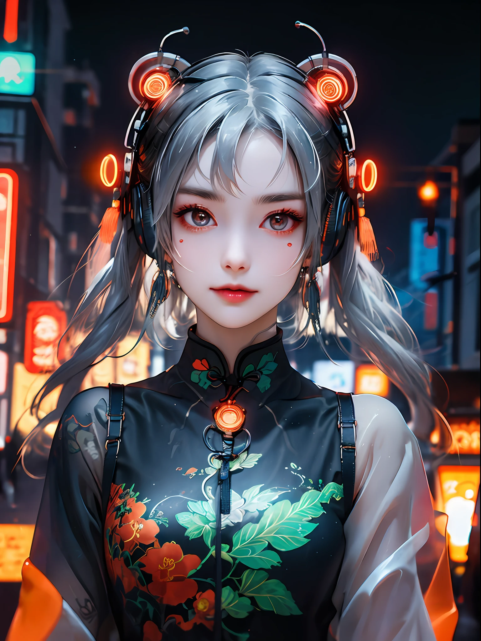 1 girl, Chinese_clothes, liquid silver and orange, cyberhan, cheongsam, cyberpunk city, dynamic pose, detailed luminous headphones, glowing hair accessories, long hair, glowing earrings, glowing necklace, cyberpunk, high-tech city, full of mechanical and futuristic elements, futuristic, technology, glowing neon, orange, orange light, transparent tulle, transparent streamers, laser, digital background urban sky, big moon, with vehicles, best quality, masterpiece, 8K, character edge light, Super high detail, high quality, the most beautiful woman in human beings, micro smile, face facing front and left and right symmetry, ear decoration, beautiful pupils, light effects, visual data, silver white hair, super detail facial texture