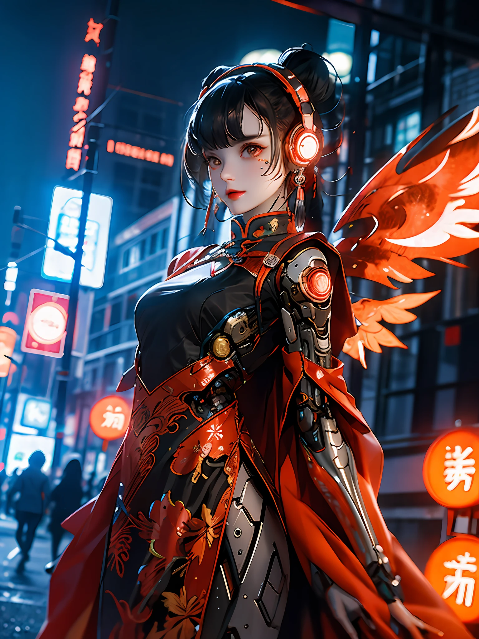 1 girls, Chinese_clothes, metallic titanium and red, cyberhan clothing, chinese cheongsam, chinese elements, lanterns, cyberpunk city, dynamic pose, detailed luminous headphones, glowing hair accessories, long hair, glowing earrings, glowing necklace, cyberpunk, high-tech city, full of mechanical and futuristic elements, futurism, technology, glowing neon, orange, orange light, fluorescent orange, skirt, cape, coat, laser, digital background, urban sky, big moon, with vehicles, best quality, Masterpiece, 8K, Character Edge Light, Super High Detail, High Quality, The Most Beautiful Woman in Mankind, Micro Smile, Face Facing Front Left and Right Symmetry, Ear Decoration, Beautiful Pupils, Light Special Effects, Visual Data, Pick and Dye Orange, Dye Hair, Ultra Detail Facial Texture, Happy Proud, Weapon System, Mecha Style, Crowded Pedestrians on the Street, Mechanical Wings, Super Light and Shadow