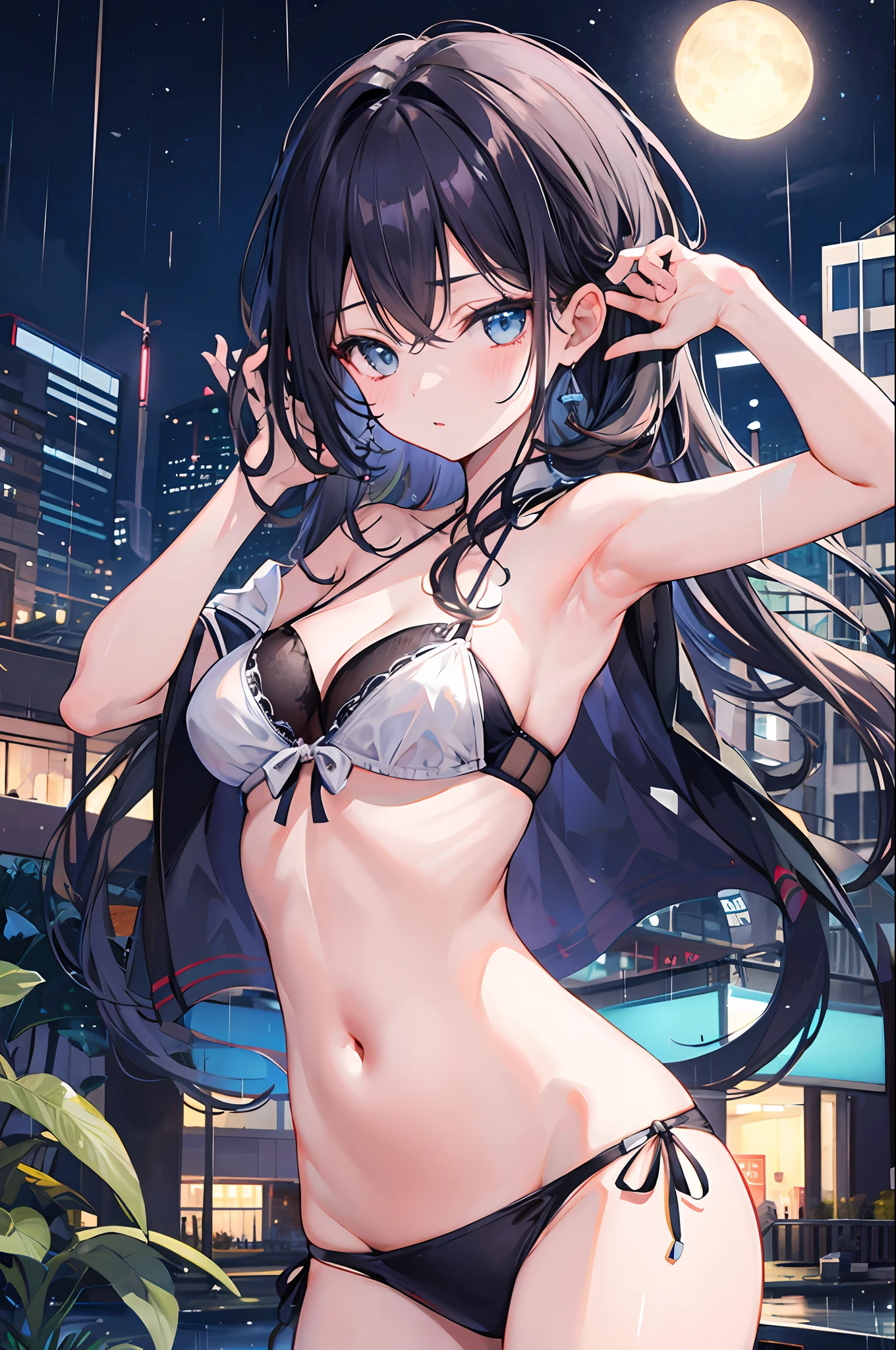 1girl,night city,rain, bikini , armpit