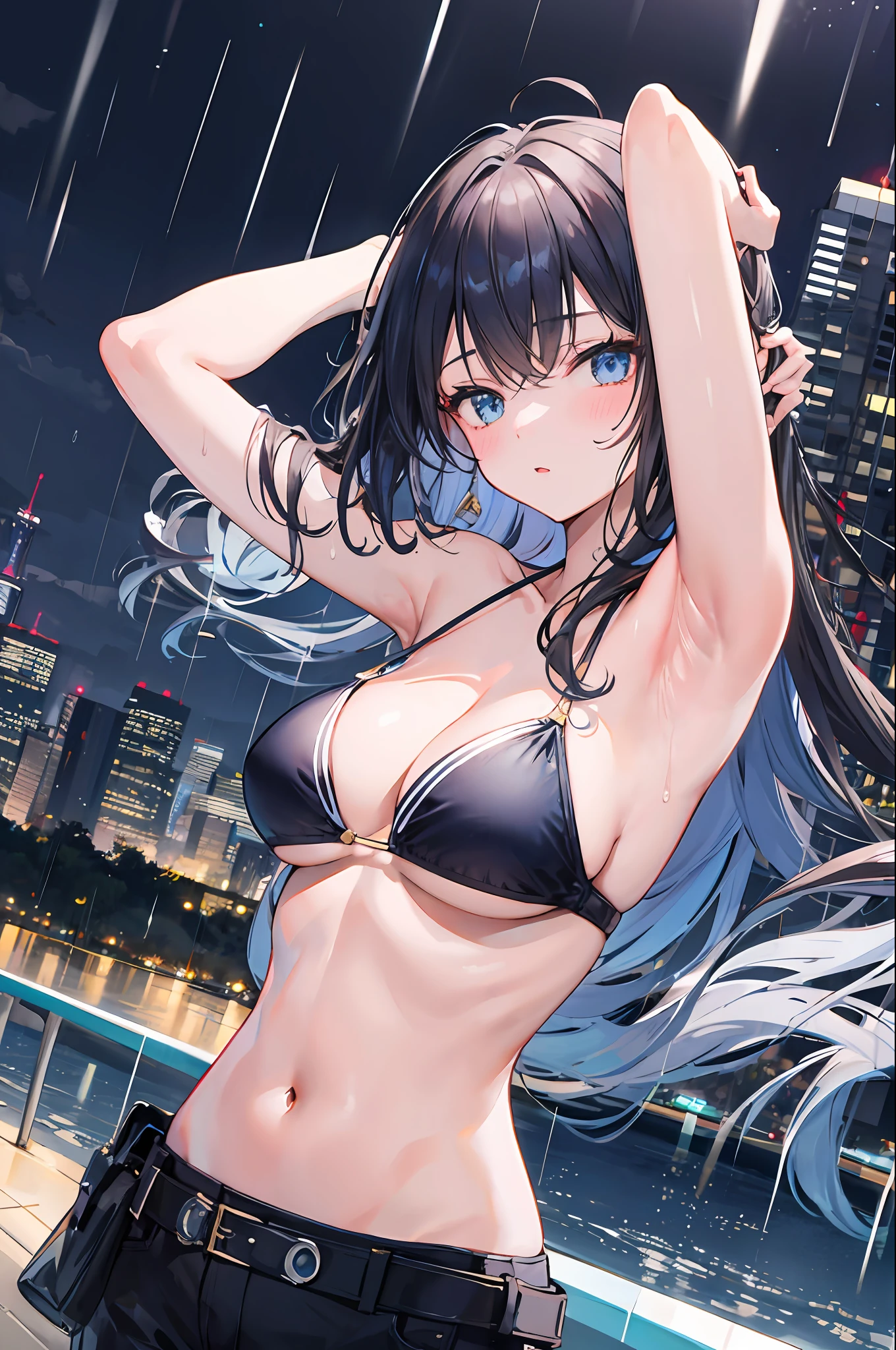 1girl,night city,rain, bikini , armpit