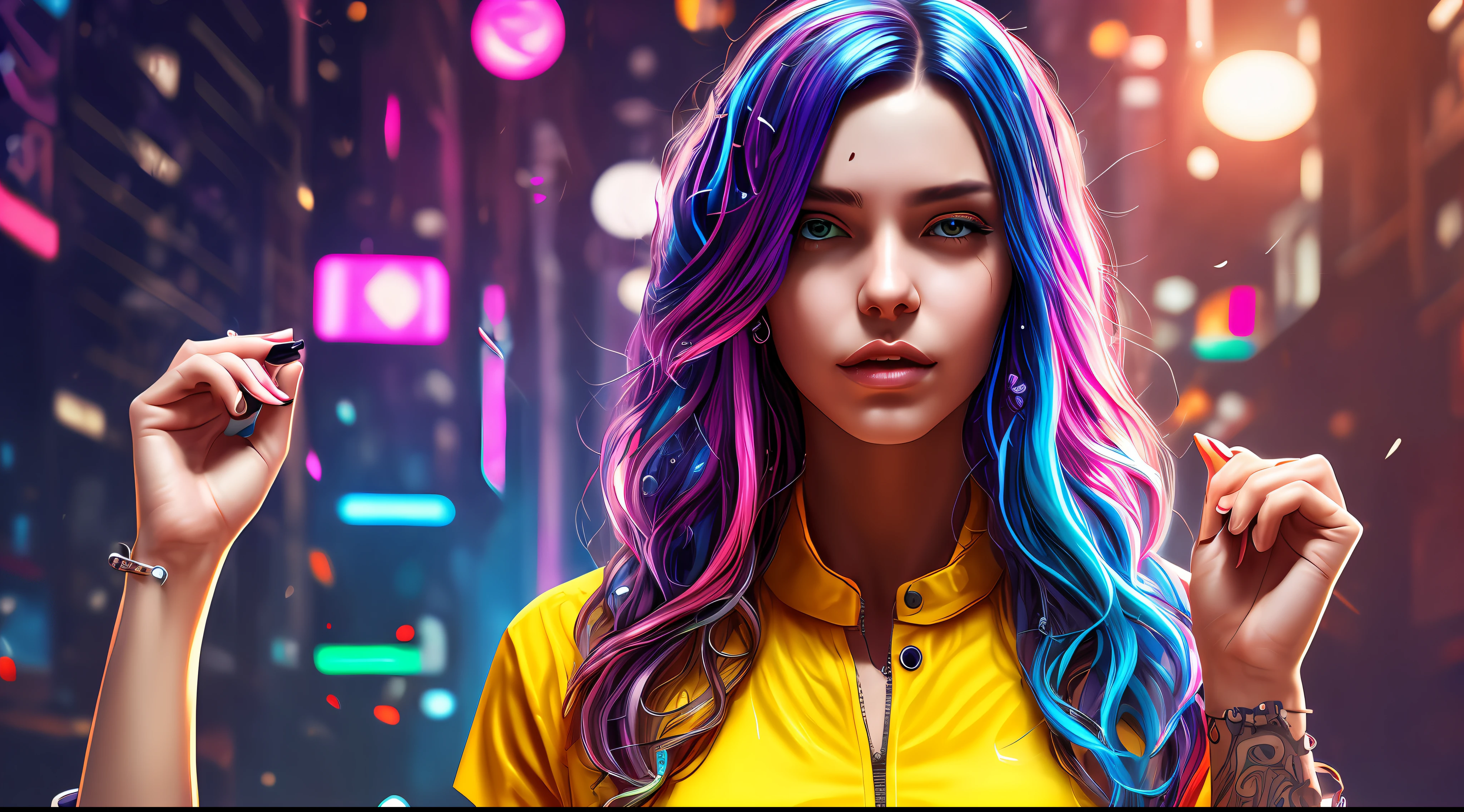 photograph of a woman with colorful hair and piercings in a yellow shirt, cyberpunk vibrant colors, cyberpunk colors, cyberpunk art style, cyberpunk art, cyberpunk style color, cyberpunk theme art, vibrant fan art, cyberpunk girl portrait, dreamy colorful cyberpunk colors, cyberpunk girl, cyberpunk digital painting, cyberpunk woman, cyberpunk look, 1 girl, cyberpunk digital soloart,  colorful digital fantasy art, cyberpunk beautiful girl, perfect anatomy, hands with 4 fingers and 1 thumb, rendered in 8K resolution for high quality details, 8K image quality, 8K high resolution image, hyper detailed, super realistic, intricate details