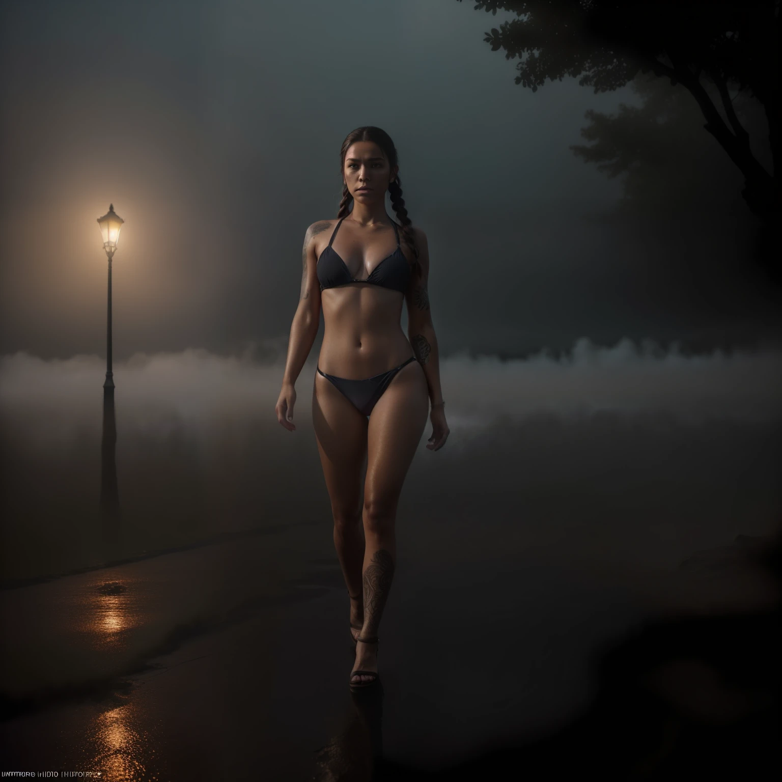 25 year old woman walking, ((a realistic full-body photo)), ((American plane)), native, indigenous warrior, tribal, natural skin texture, wrinkles, dirty skin, 24mm, 4k textures, dirty skin, soft cinematic light, adobe lightroom, photolab, detailed rain, detailed braided pigtails, tattoos, masterpiece, (beautiful detailed brown eyes: 1.1), (beautiful red nails), (perfect hands), realistic pubic hair, dark forest, best quality, real photo, (detailed lighting: 1.2), (beautiful detailed brightness: 1.3), swimwear (thong), deep neckline, intricate, soft and sharp focus, Epic Realistic, (HDR:1.4), humidity, (fog), ((fog)), fog, (muted colors:1.4), neutral colors, night, dusk, ((dark)) Refractions of Screen Space, (Intricate Details, Hyperdetailed:1.3), Cinematic Photo, Vignette, Dark Colors, Vampire Hunter