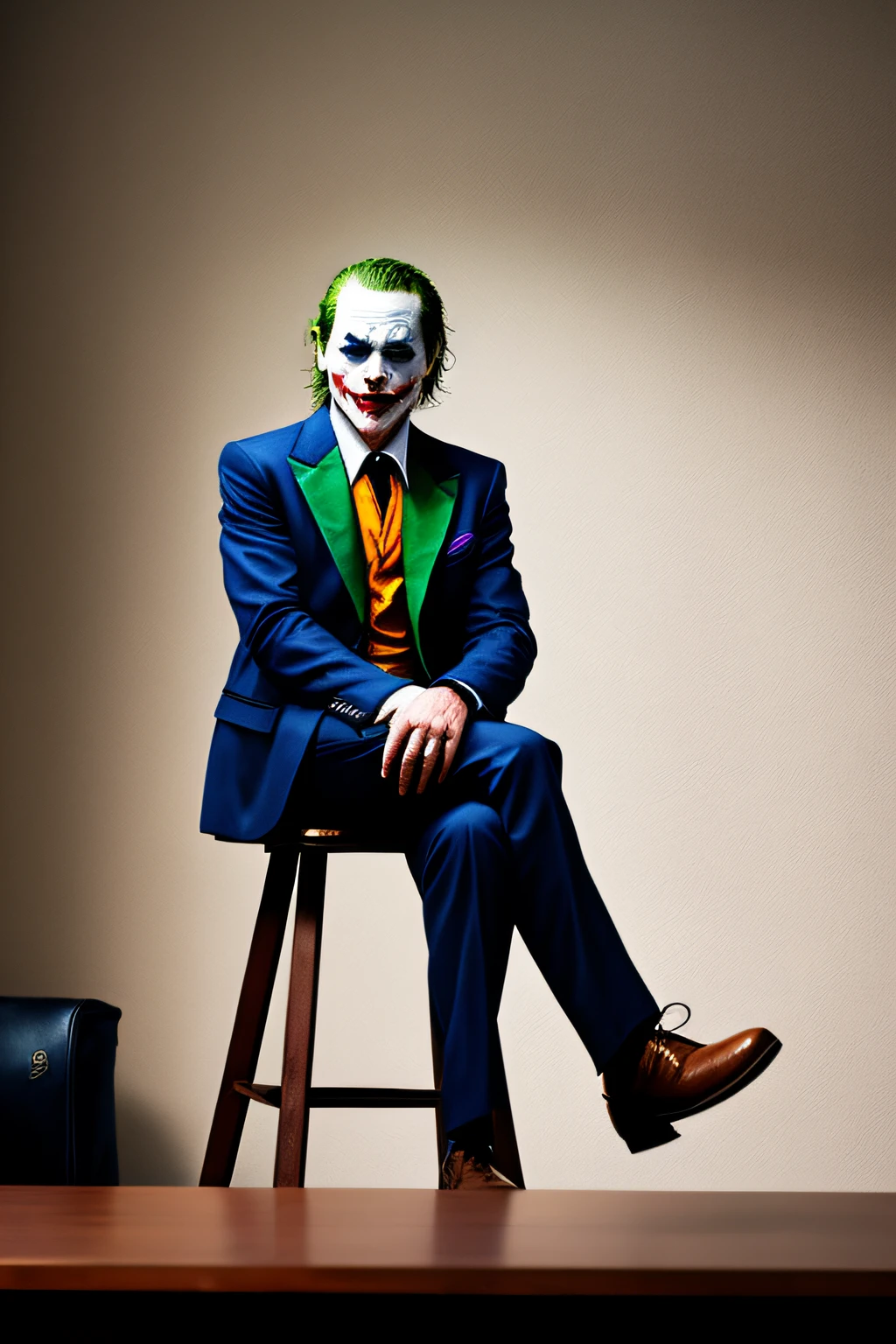 The Joker from DC Comics. He is sitting at an office desk with his legs up on a table. 4K resolution. Nikon VS, FX. Medium light. Medium wide shot.