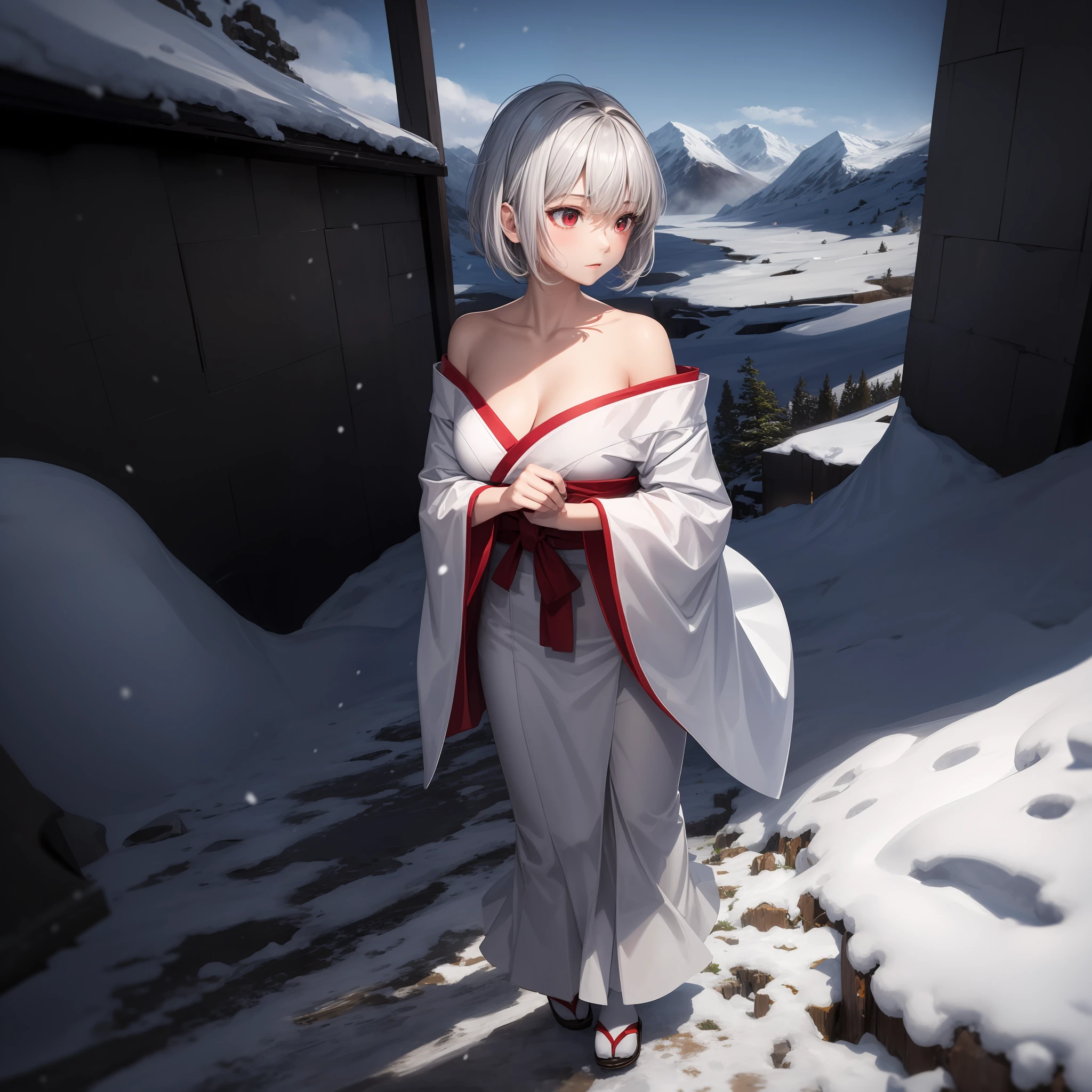 gray hair, short hair, red eyes, girl, alone, solo, 1girl, white kimono, off shoulder, snowy mountain, blizzard, snow background, snow woman