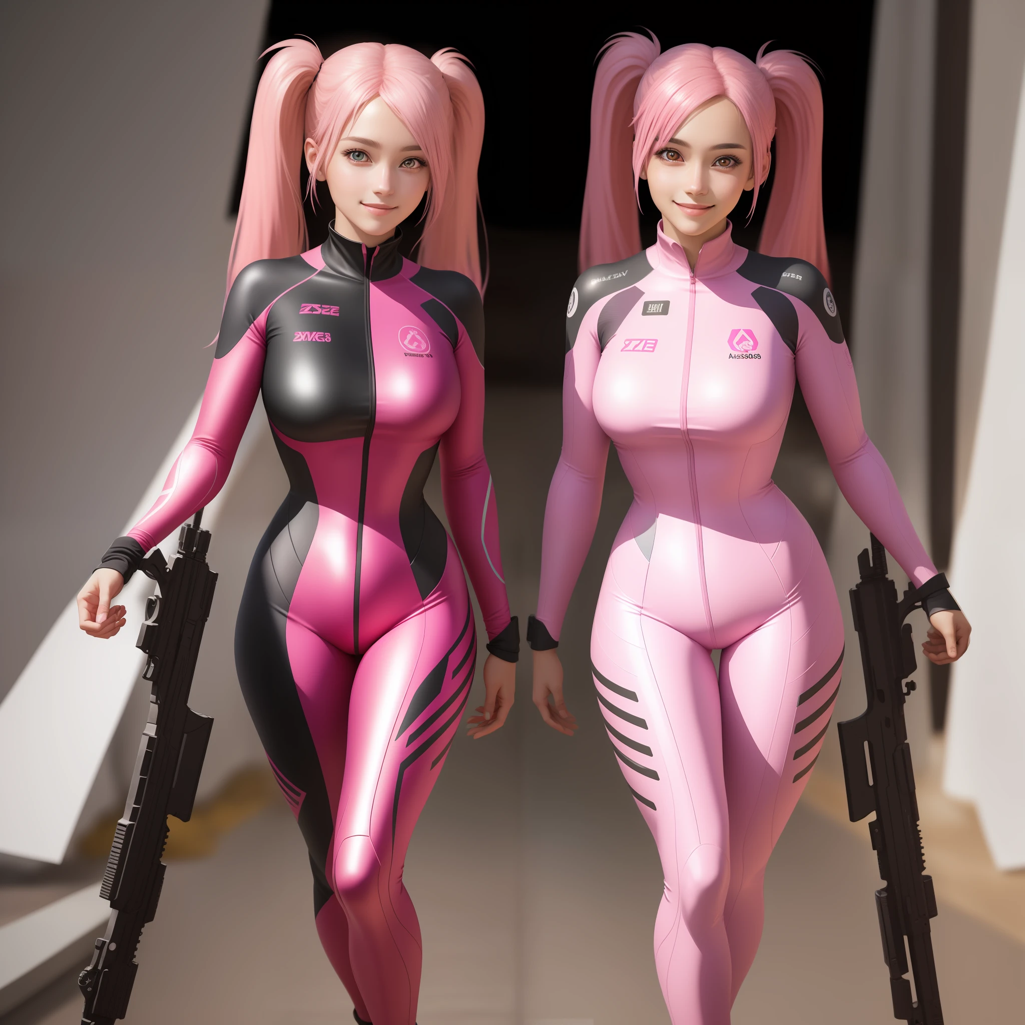 ulzzang-6500-v1.1,(raw photo:1.2),((photorealistic:1.4)),best quality ,masterpiece, illustration, an extremely delicate and beautiful, extremely detailed ,CG ,unity ,8k wallpaper, Amazing, finely detail, official art,extremely detailed CG unity 8k wallpaper,absurdres, incredibly absurdres, huge filesize, ultra-detailed, highres, beautiful detailed girl, extremely detailed eyes and face, beautiful detailed eyes,light on face,cinematic lighting,((extremely pink tight suit clothing)),1girl,full body,full-body shot,looking at viewer,((light pink hair)), red eyes,((bliss)), best detailed background, ((cosplay)), (smile), twintails, ((hold a rifle)),