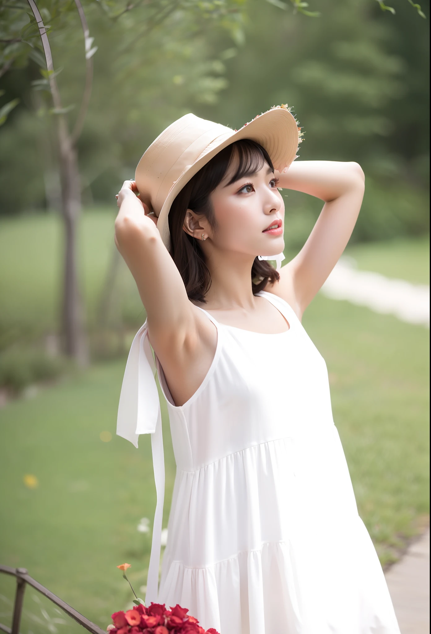 Best quality, masterpiece, super high resolution, (realistic: 1.4), original photo, edited photography, fantasy art
(A woman in her 30s), a woman standing on the path of Graden, (half: 1.3), black hair, short hair, sympathetic face, brown eyes. A faint smile, looking at the audience, (red suit: 1.2), (white shirt), black silk dress, (colorful and dense flower clusters: 1.3). (bright flower color: 1.3, red rose: 1.2, floating skaura_petals) smoke, real-world location, deep contrast, depth of field, dark background, break award-winning photograph, neoism, exposure blend, bokeh, (hdr:1.4), high contrast, (cinematic light), (muted colors),sony A7,F2.4, low saturation, (hyperdetailed:1.2), (noir:0.4)