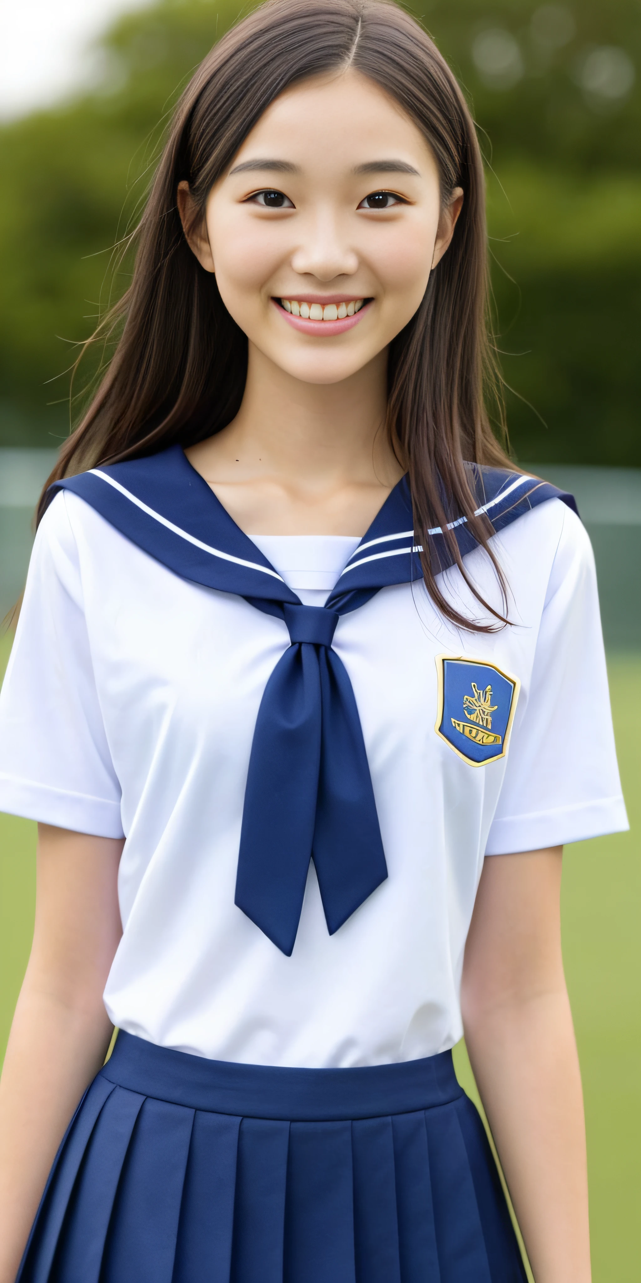 neat college girl, (school uniform, sailor uniform, ribbon tied at chest, summer uniform, upper body white, skirt dark blue, short sleeves), outside the athletic field, (slim), photorealistic, detail, skin texture, ultra detail, delicate and sexy collarbone, smile, super detailed face, detailed lips, detailed eyes, double eyelids, small breasts, small breasts, small, small, flat chest