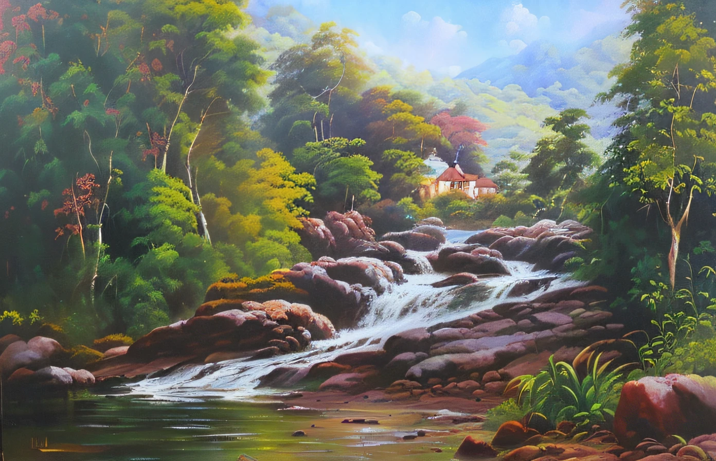 painting of a waterfall in a tropical forest with a house in the background, by Willian Murai, with waterfalls and river, by Herbert MacNair, beautiful oil matte painting, by Bernard Accama, smooth oil painting, by Leo Valledor, by Rodolfo Escalera, highly detailed oil-painting, 4 k oil painting, high quality oil painting --auto