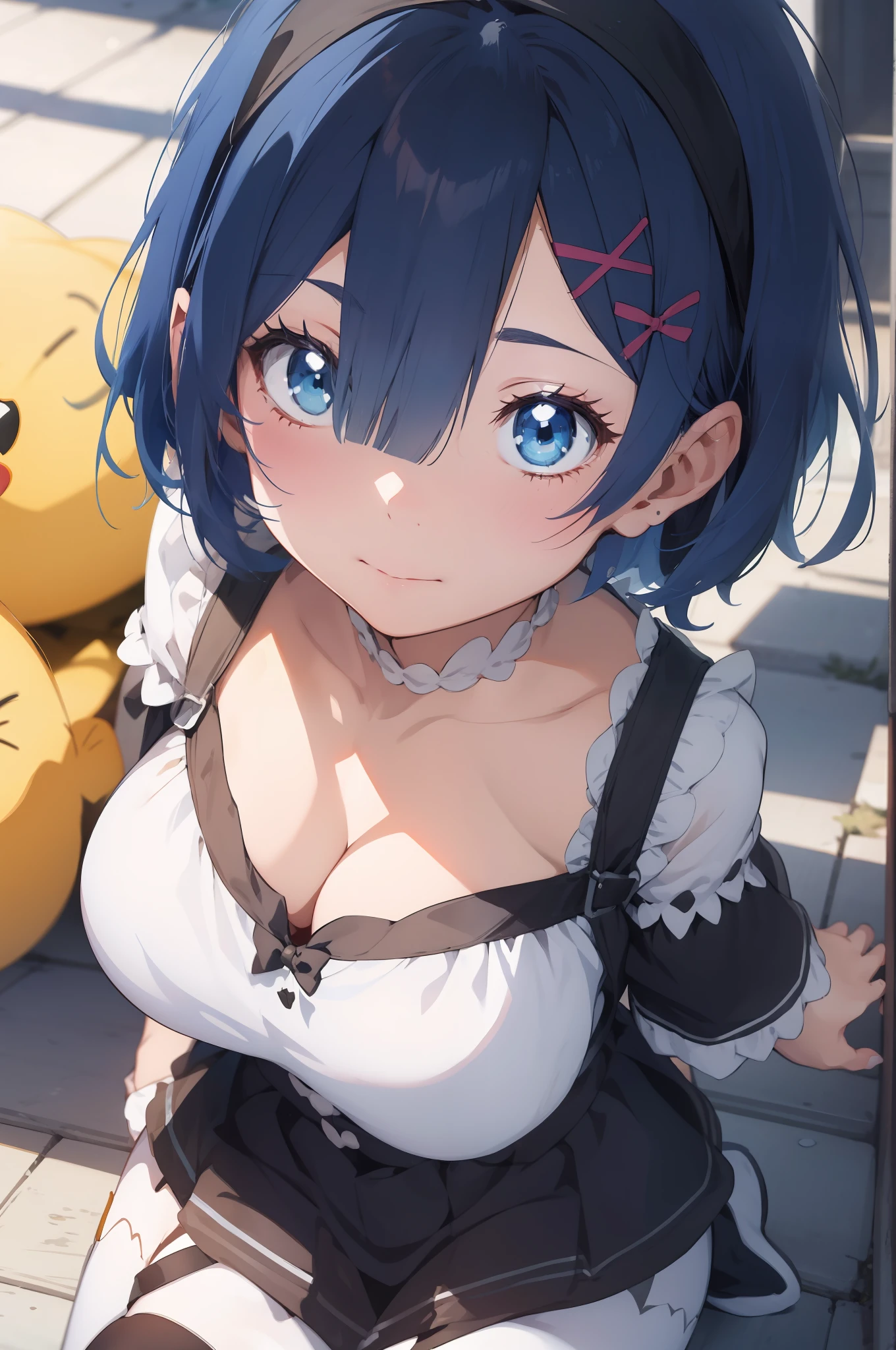 Rem /(Re:zero)/ ,anime girl sitting on steps , short light blue hair , blue eyes, girl fanart, in an anime style, in anime style, artwork in the style of guweiz, anime moe artstyle, modern anime style, anime style illustration, anime style only, anime artstyle, anime style, anime style character, anime style. 8k, anime style art, anime style 4 k