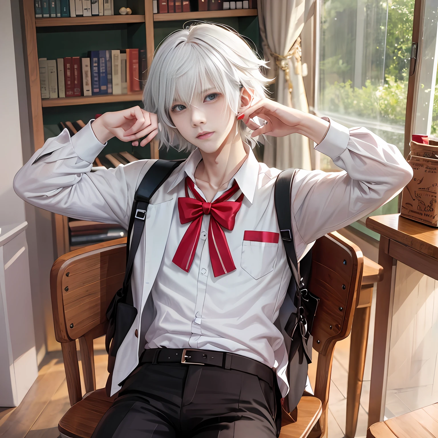 A white-haired anime boy at school