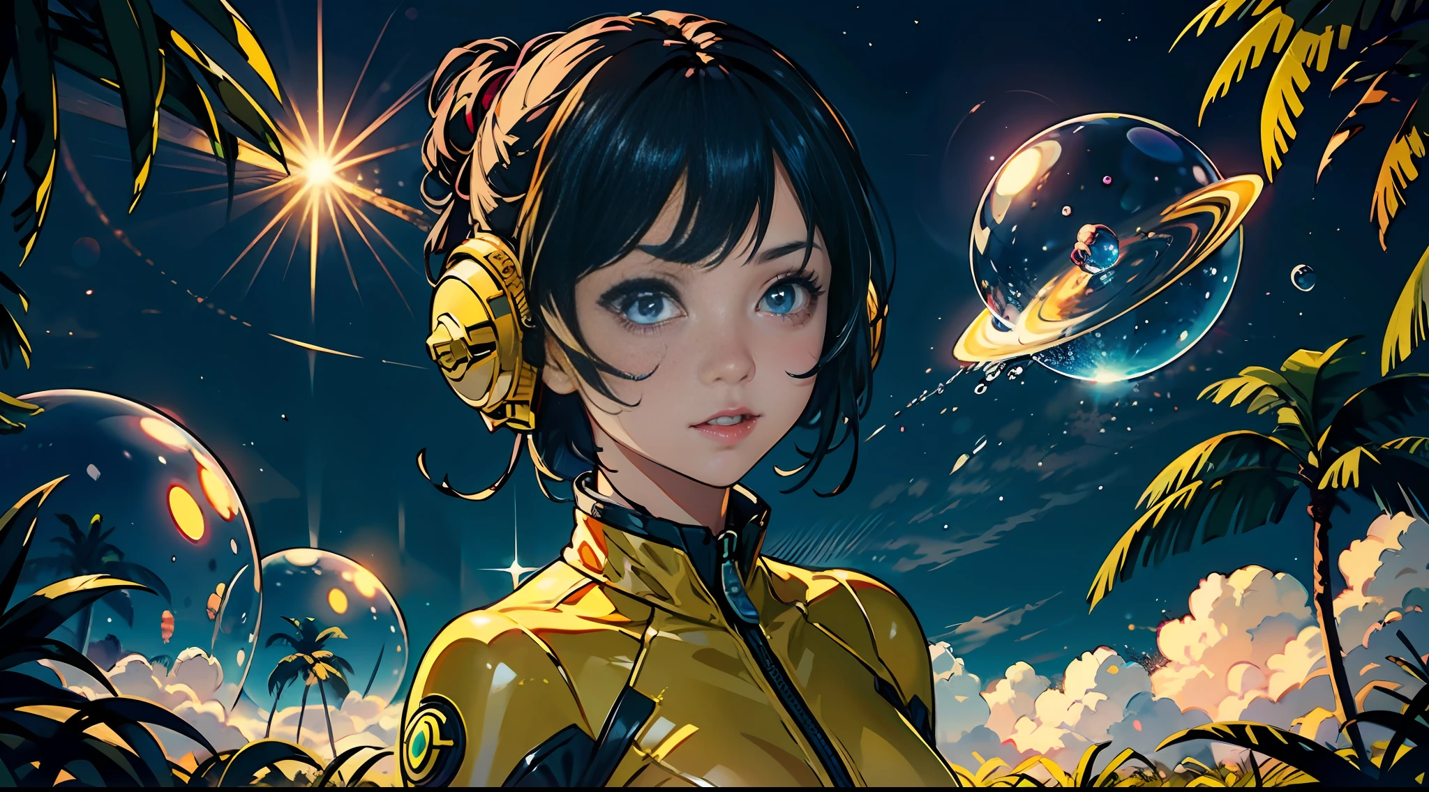 hd masterpiece, one standing woman space cadet looking at camera, detailed face, mid shot, golden suit, colorful clouds and neon soap bubbles, jungles background