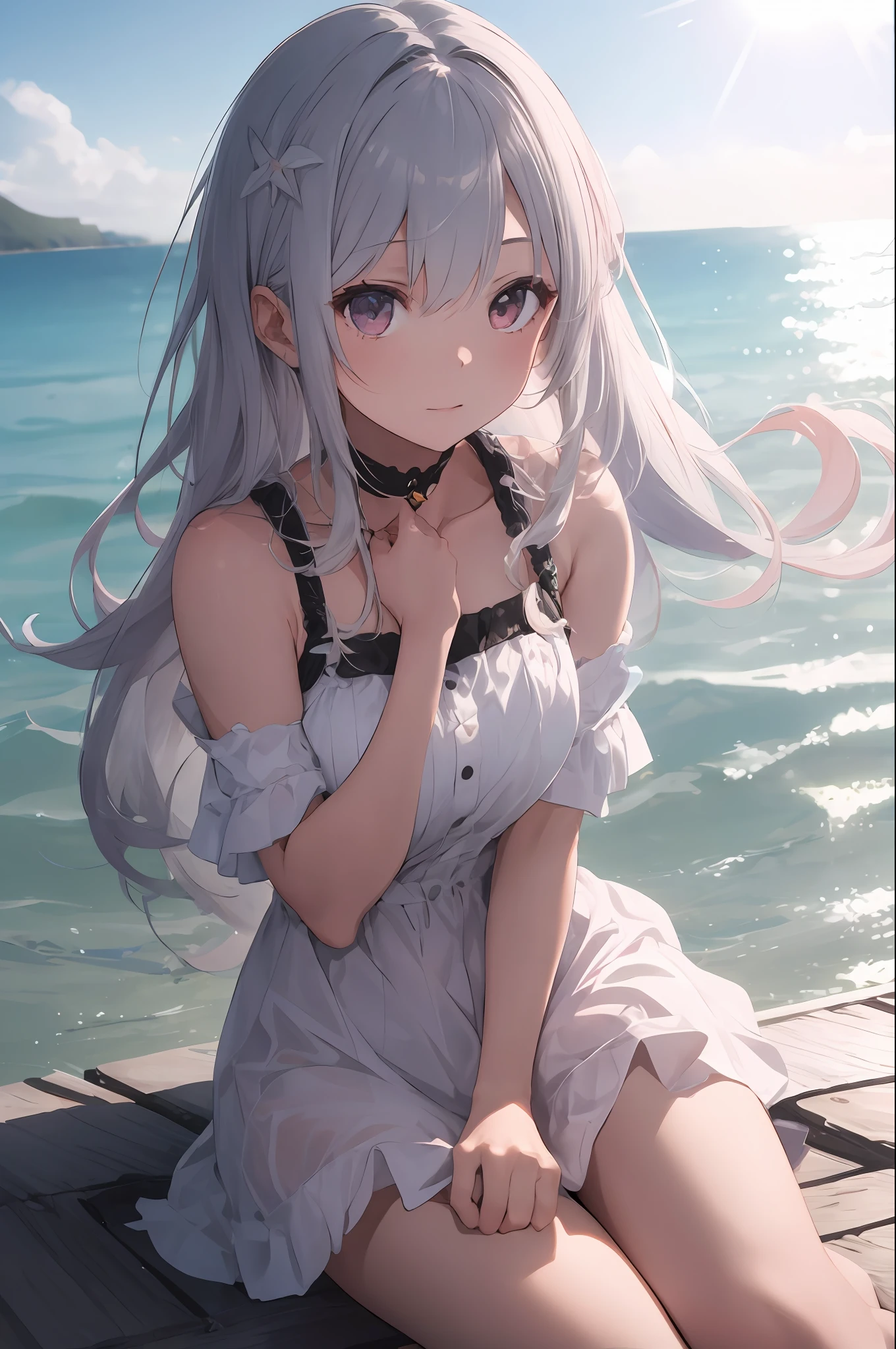 1girl, colorful strands of hair, lustrous skin, angelic, glare, sunshine, silver pink gradient hair, seaside