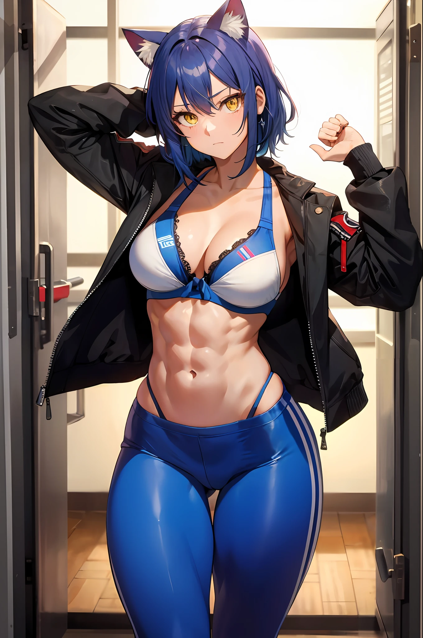 Masterpiece,best quality,high resolution,30 year old woman,blue hair,tied hair,beautiful face,yellow eyes,bright eyes,cat ears,perfect body,athletic body,milf,bodybuilder pose, small breasts, thick thighs,big ass,round buttocks,bodybuilder,jacket on top,bra, leggings,standing,expression of pleasure, inside the room