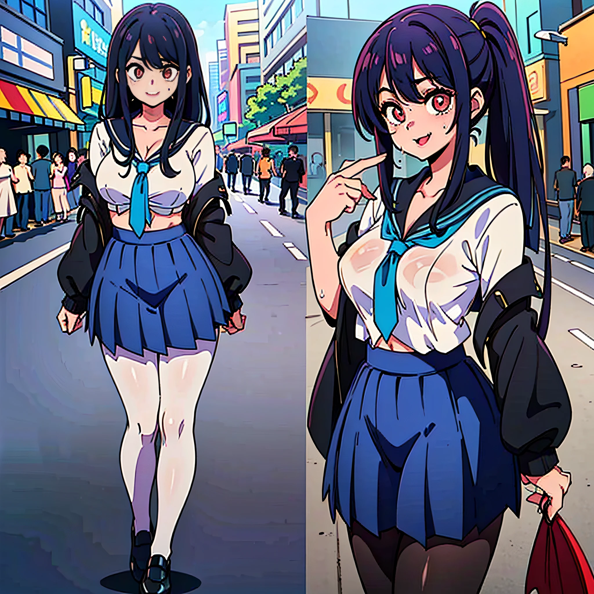 ((Masterpiece, Maximum Quality: 1.5, High Resolution: 1.5, High Precision Image: 1.5, Ultra Detail: 1.5,, Photos: 1.5, 4K, 8K: 1.5))),((Ai Hoshino: 1.5,15-year-old beautiful girl,Beautiful face: 1.5,Cute eyes: 1.5)),((Full body shooting: 1.5)),((Exact composition of the human body: 1.5)),((Does not draw extra limbs: 1.5)),((Does not fuse with human bodies,Does not merge with objects) :1.5)),((Cute mouth:1.5,Devilish smile:1.5)),((Correct position human body configuration:1.5)),((Girl who sweats heavily:1.5)),((High definition skin),((High definition skin:1.5)),Double eyelids,Round eyes,Ruby eyes,Crystal pupils,Well-formed nose,Pretty small nose,Huge breasts and cleavage,Top quality skin,Cute girl emphasizing slender abs:1.3,Looking at this,Shooting very close to a girl,She is excited,Shiny hair,Shiny skin,High ponytail,Bangs,Red eyes + long eyes,Smile,Bright face,Thin waist,Pelvis wide,Thigh gap,(Seraph,Sailor color,Tie),(Pleated skirt blue skirt,Pantyhose,Black shoes,Shoes),(( Girl wearing jewelry accessories of different colors)),sexy pose,sexy look,dramatic outdoor lighting,outdoor festival at night