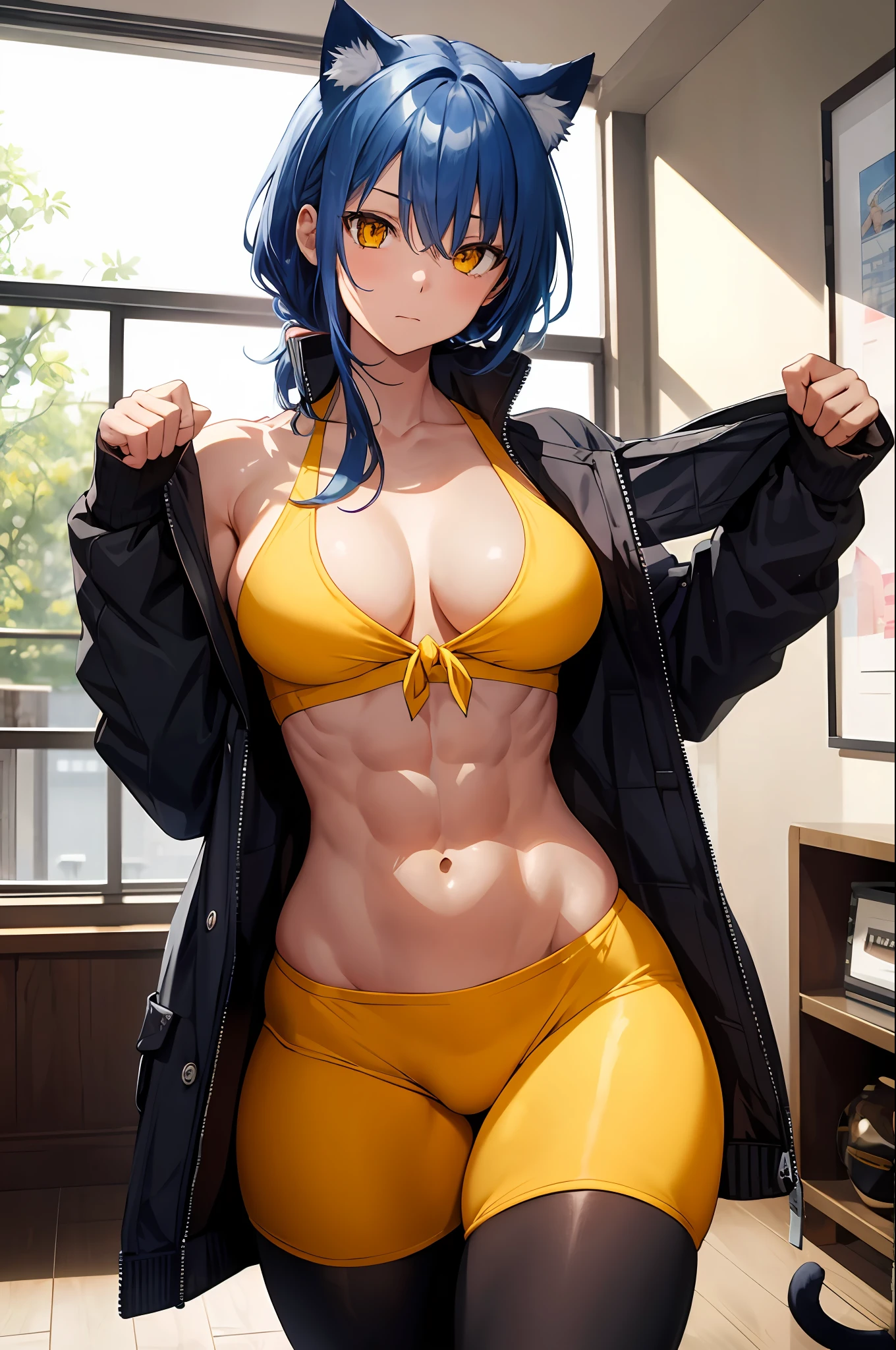 Masterpiece,best quality,high resolution,30 year old woman,blue hair,tied hair,beautiful face,yellow eyes,bright eyes,cat ears,perfect body,athletic body,milf,bodybuilder pose, small breasts, thick thighs,big ass,round buttocks,bodybuilder,jacket on top,bra, leggings,standing,expression of pleasure, inside the room