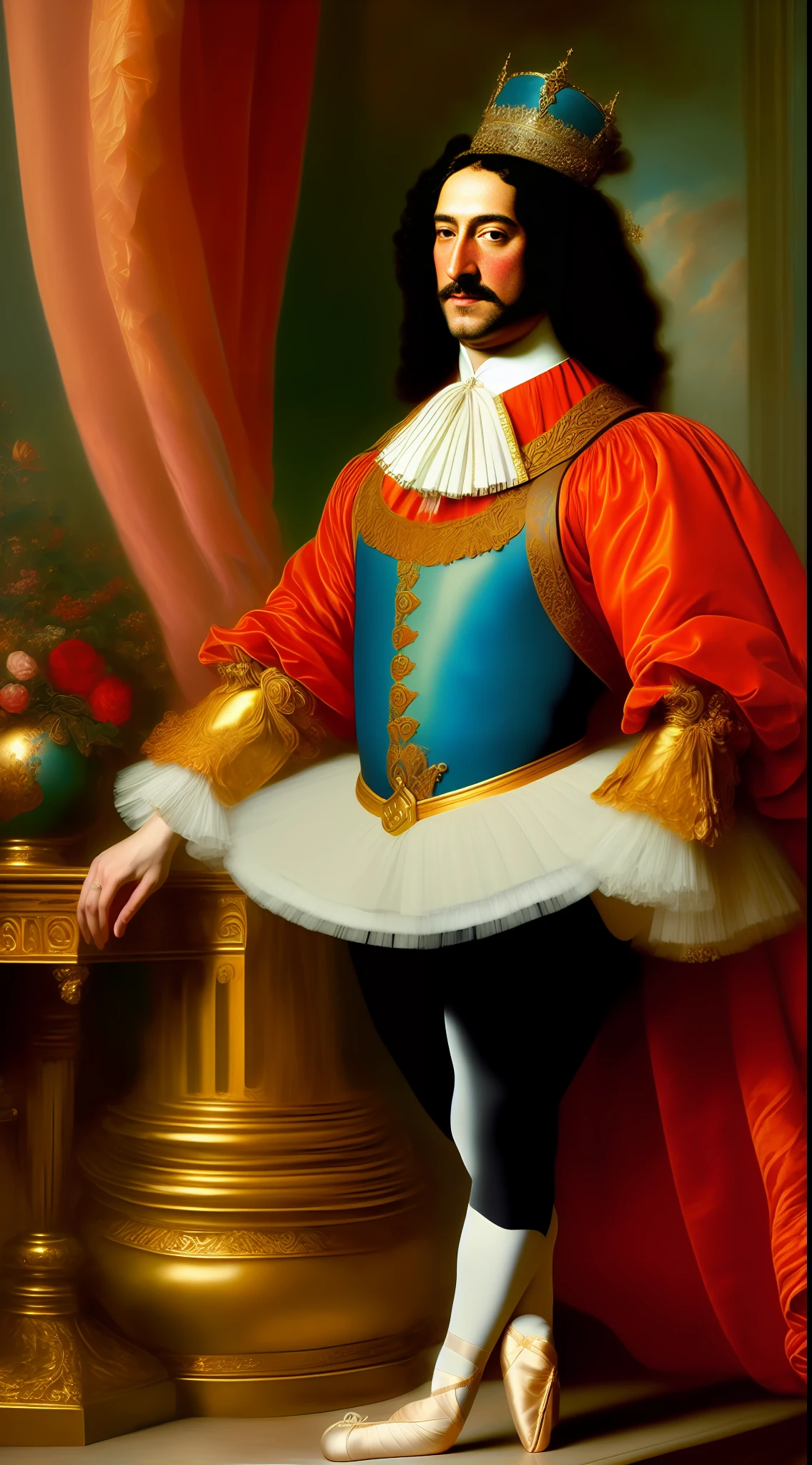 (best quality, ultra high res, CGI, official art:1.2), King Louis XIV, monarch of elegance, adorned in 16th-century fashion, (donning a ballet tutu:1.4), refined and elaborate, surrounded by a lavish setting, preparing for a ballet performance, graceful posture, realistic oil painting style inspired by Gaston Bussière and Greg Rutkowski, intricate brushwork, attention to detail, warm and vibrant colors, immersive atmosphere, dynamic composition, looking at viewer, showcasing the monarch's love for the arts.