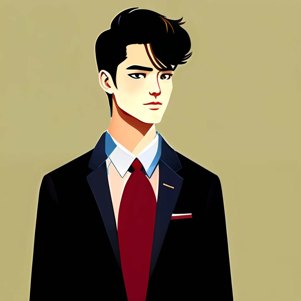 Gender male, suit and leather shoes, sharp eyes, 2D painting style, handsome guy, black hair, very confident, simple lines, obvious pleats
