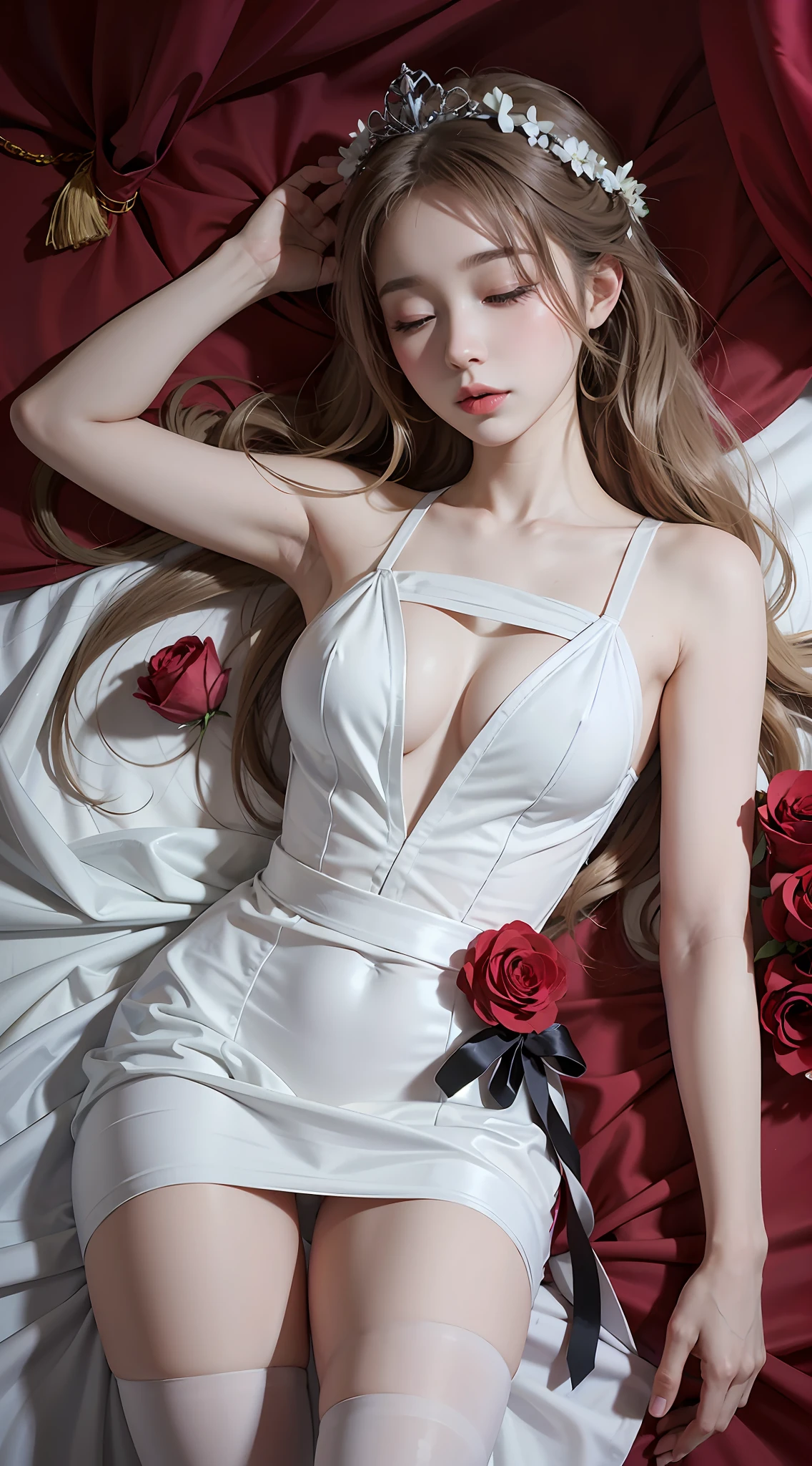 arafed woman in white dress lying on bed with roses, anime girl cosplay, sexy beautiful anime girl, sexy anime girl, charming elegant cosplay, amoranth, smooth white tights, barbie anime in white suit, pale porcelain skin, japanese goddess, cosplay anime, sakimichan franzzeta, anime goddess, closed eyes, (desert forest background: 1.8)