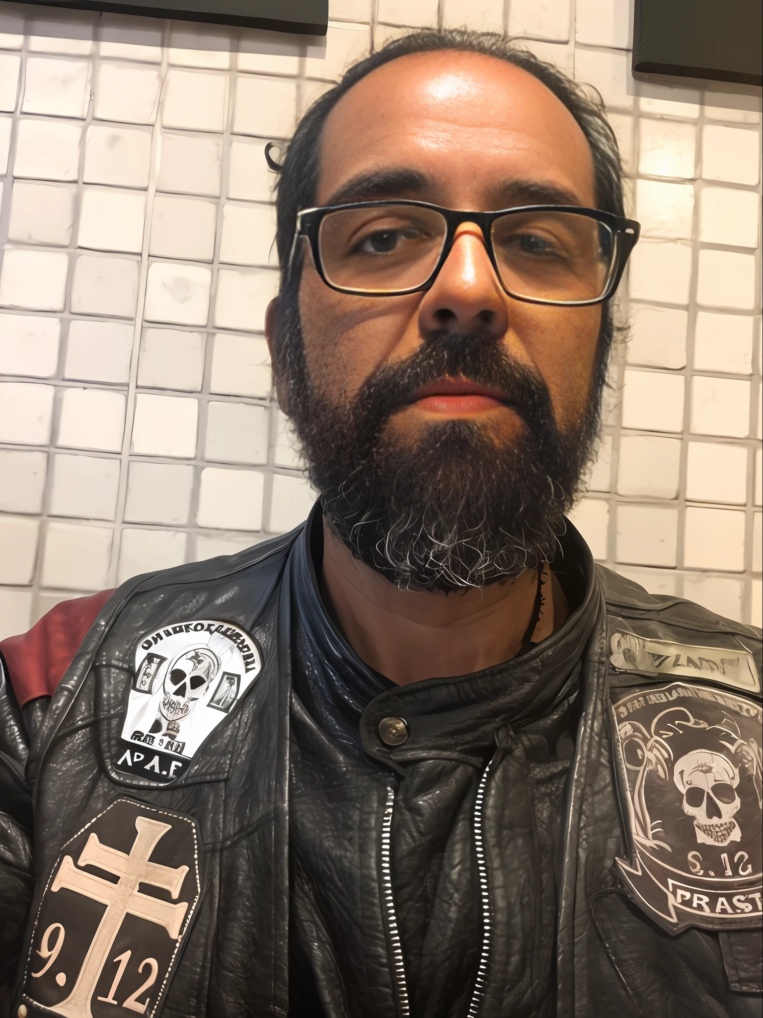 there is a man with glasses and a beard wearing a leather jacket, wearing samcrow leather jacket, profile picture, in an old 1950s leather jacket, david rios ferreira, profile image, dressed in biker leather, in sao paulo, profile pic, edu souza, myself, about 3 5 , profile photo, selfie of a man, catholicpunk