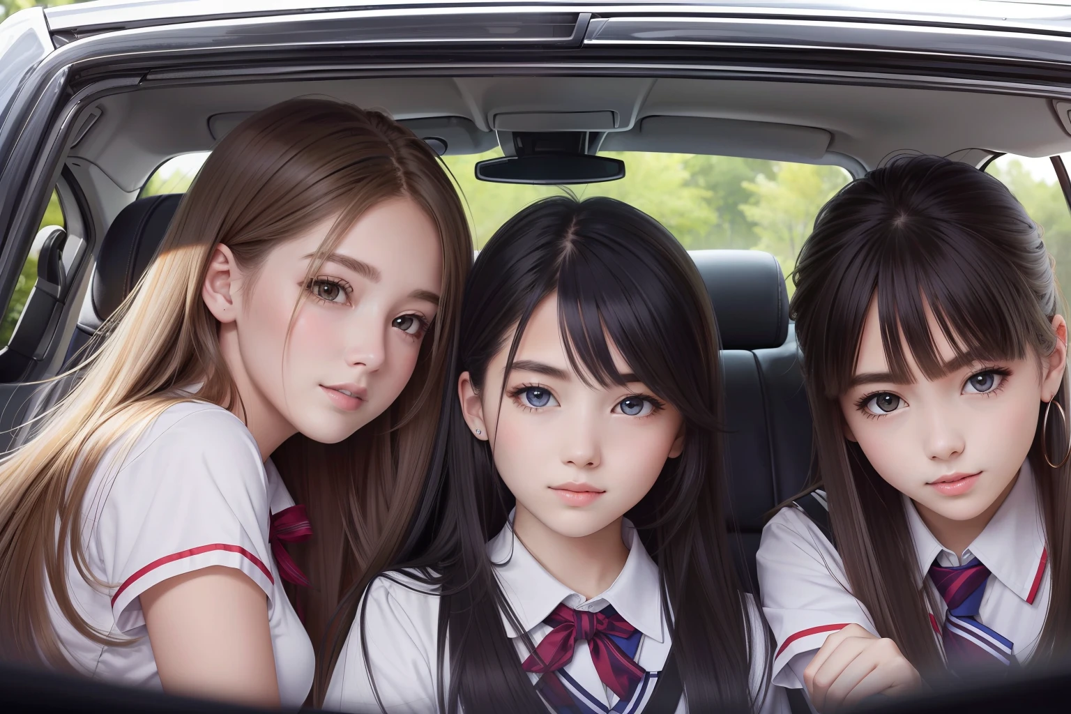 Top quality, ultra high resolution, perfect anatomy, 3 girls, schoolgirls, uniform, 18 years old, back seat of the car, (playful, talking), best shadows, volume lighting